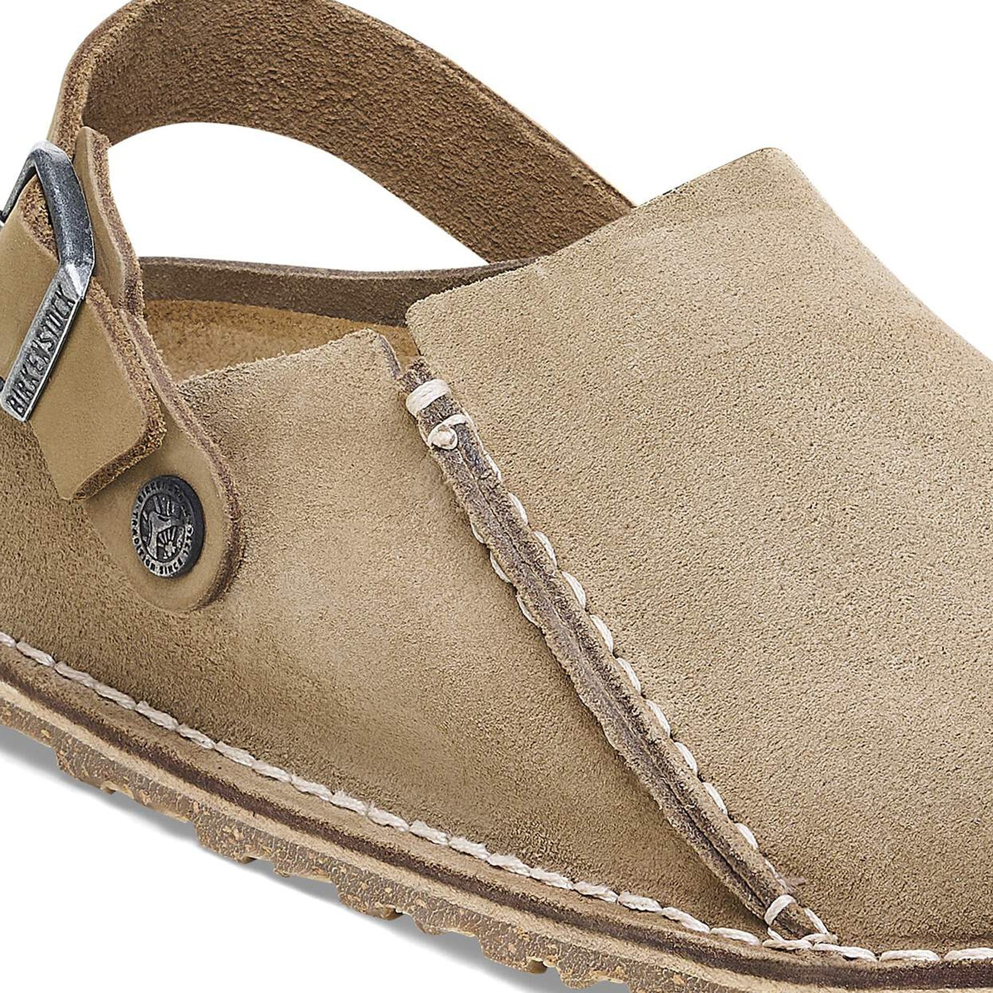 Grey Taupe Sandals with adjustable metal buckle on a white background