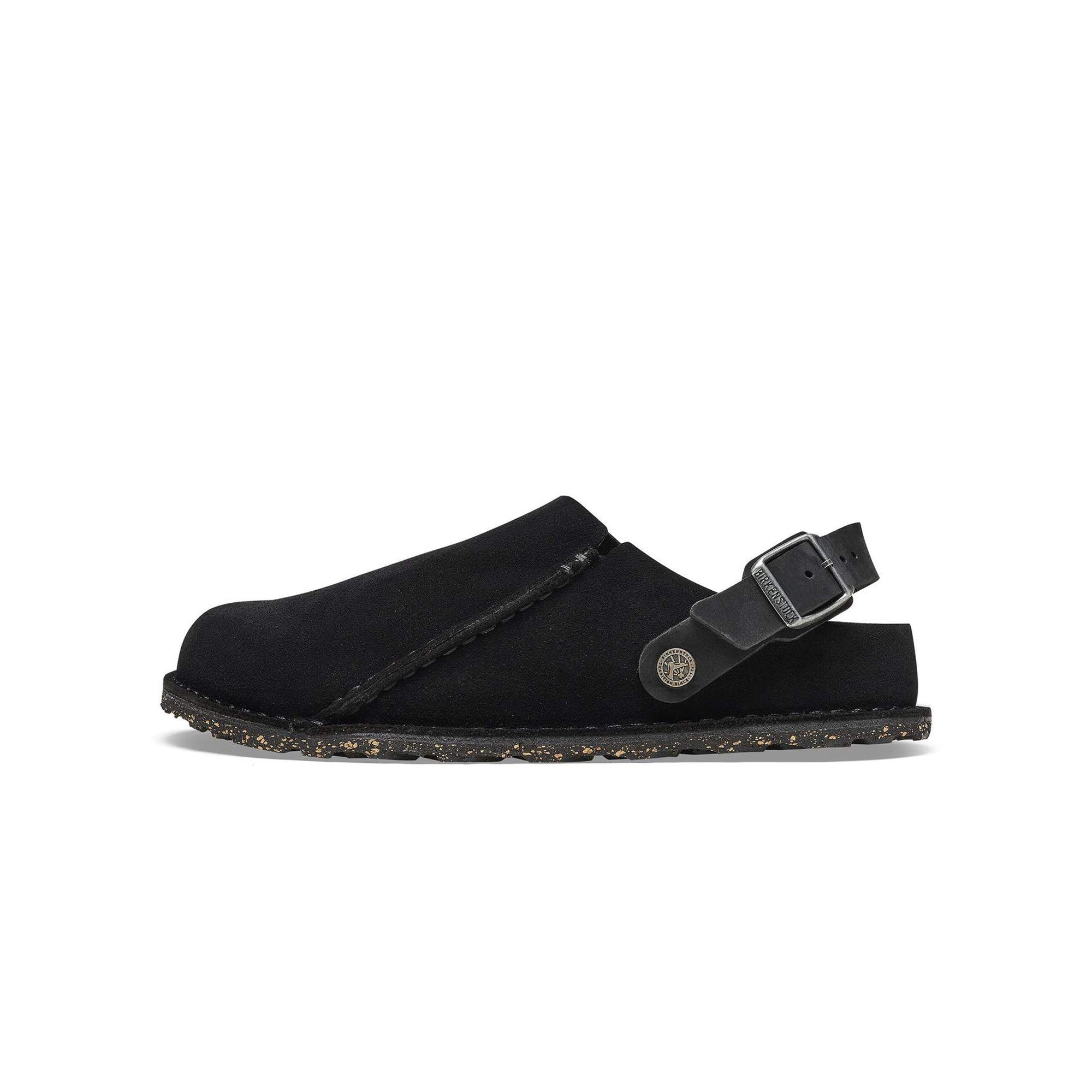 Black Suede Sandal with adjustable metal pin buckle on white background