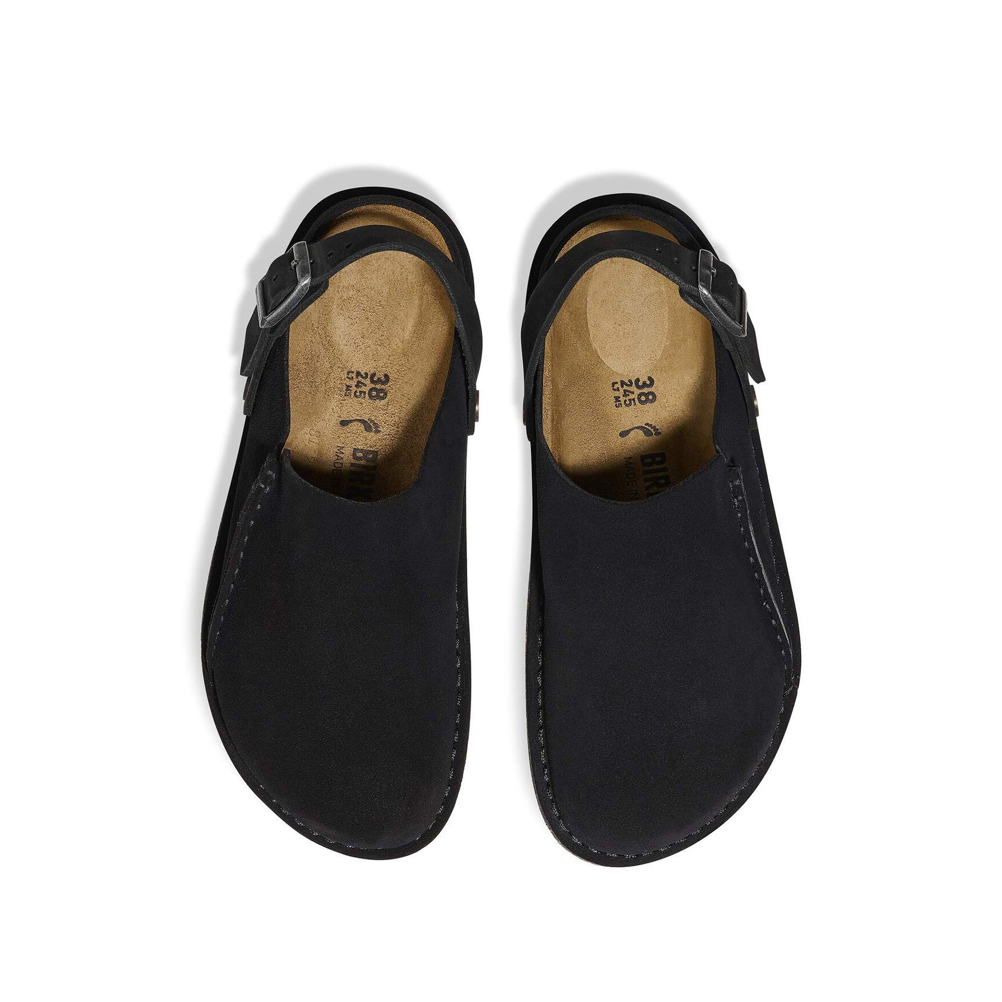 Black Suede Sandal with adjustable metal pin buckle on white background