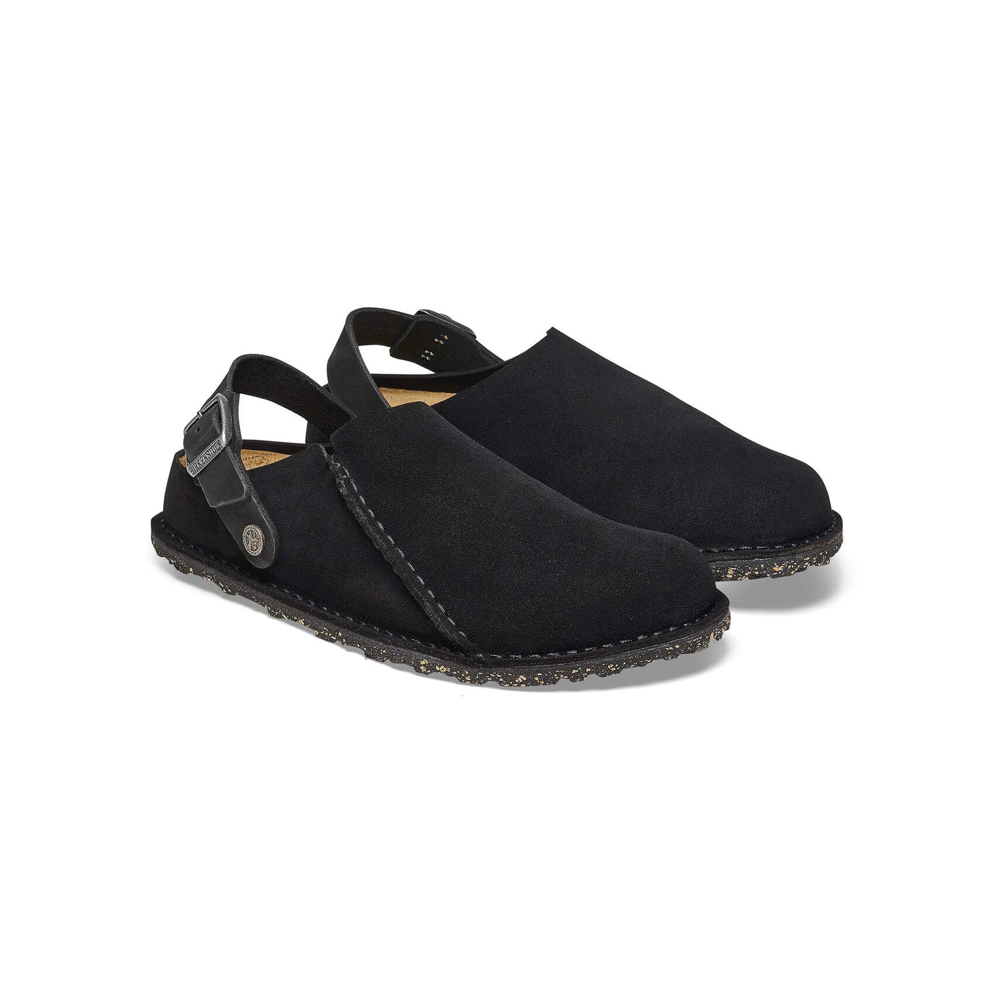 Black Suede Sandal with adjustable metal pin buckle on white background