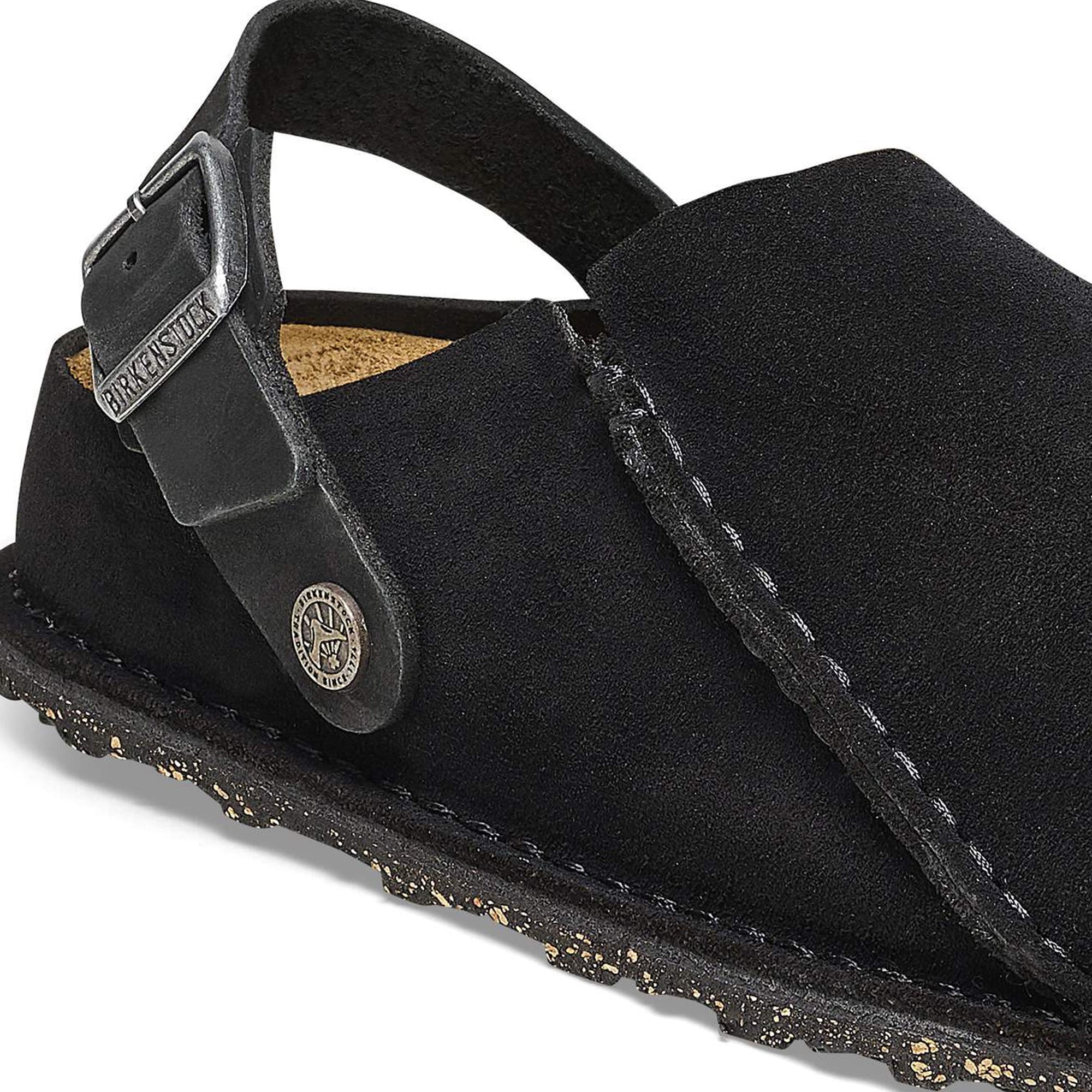 Black Suede Sandal with adjustable metal pin buckle on white background
