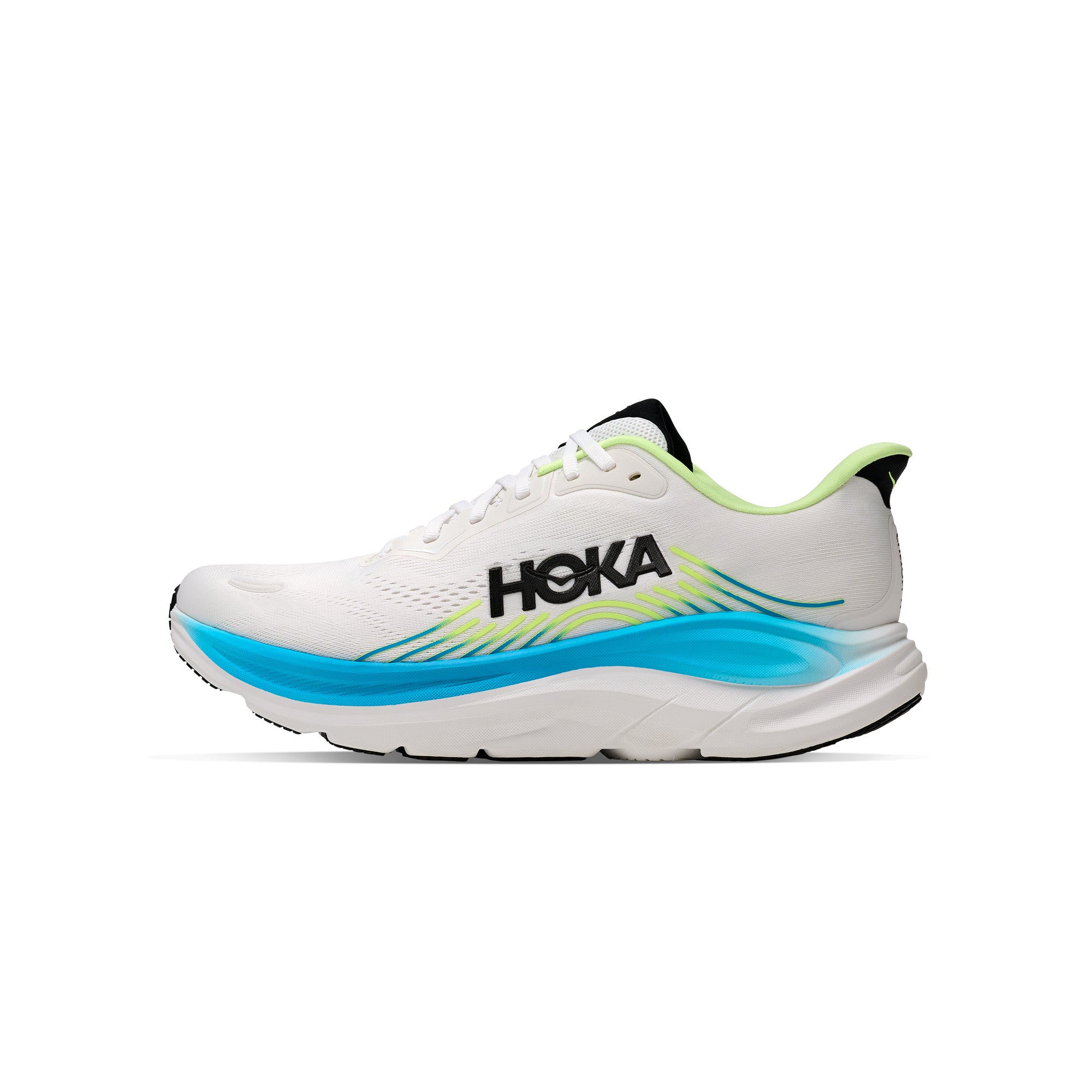 white, blue, black, neon green sneakers on a white background