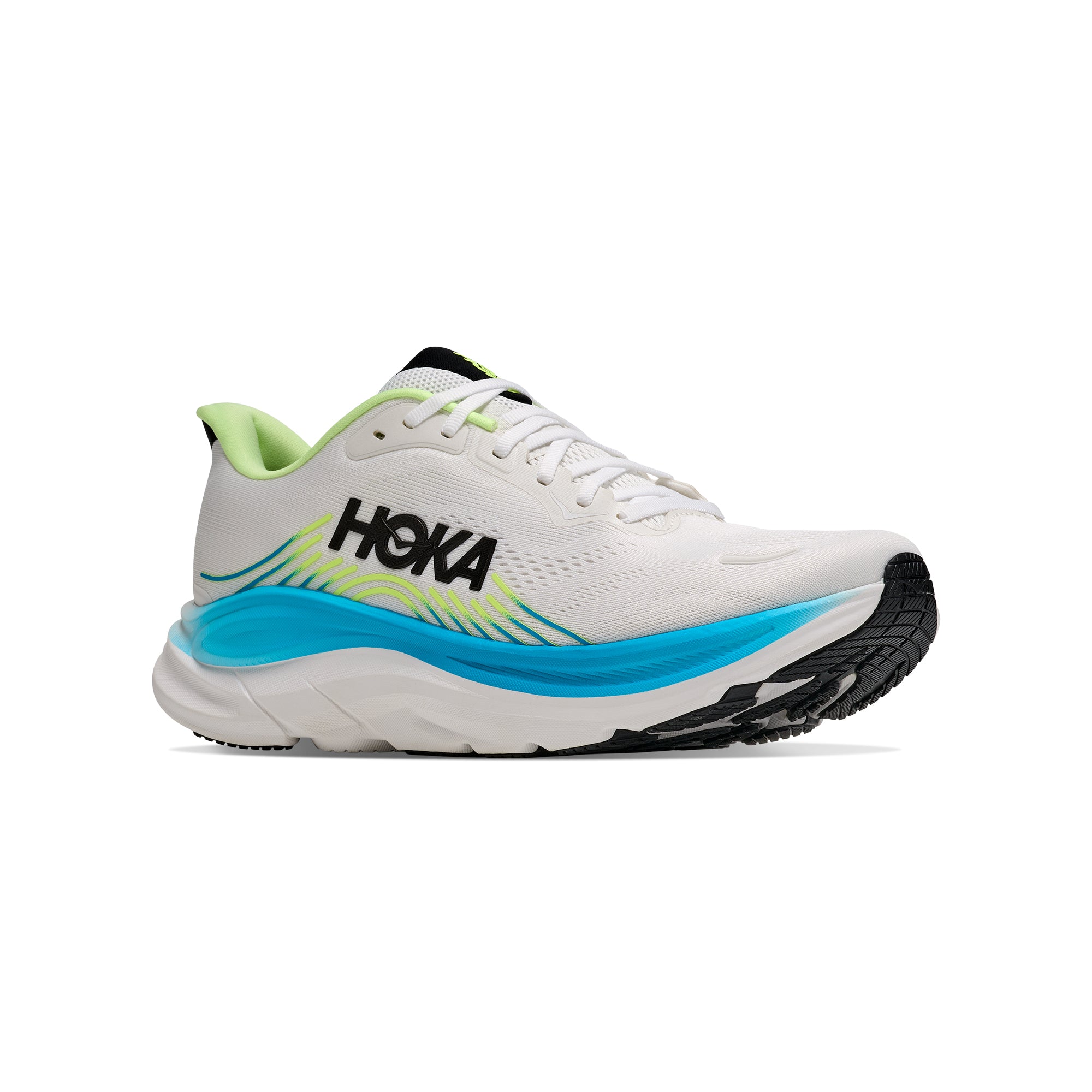white, blue, black, neon green sneakers on a white background
