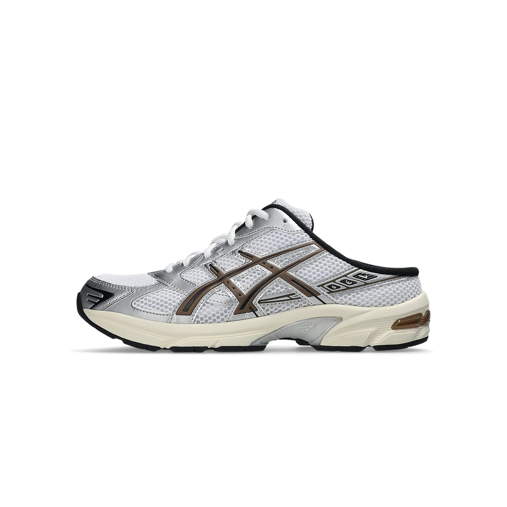 white, brown and silver sneaker mule on a white background