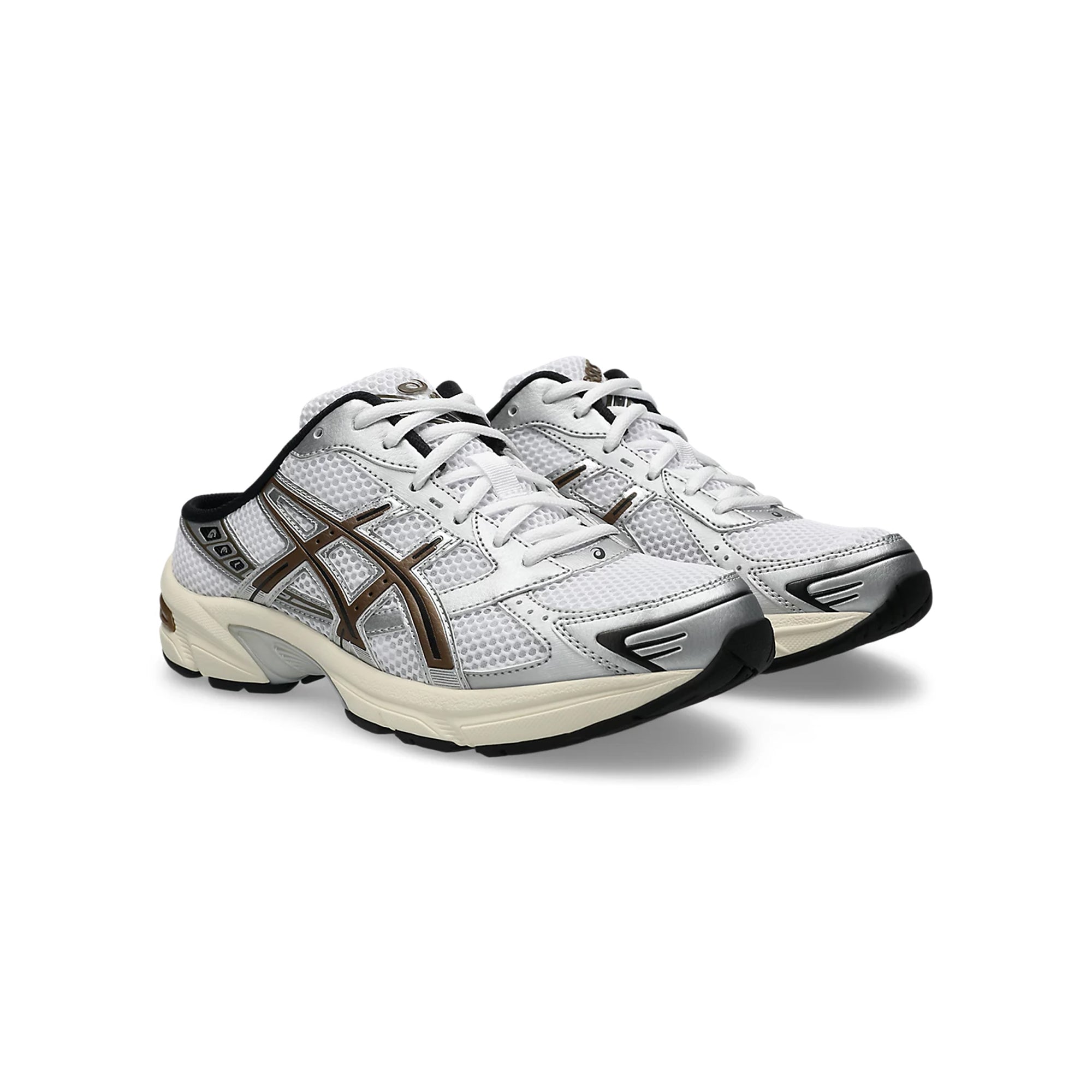white, brown and silver sneaker mule on a white background