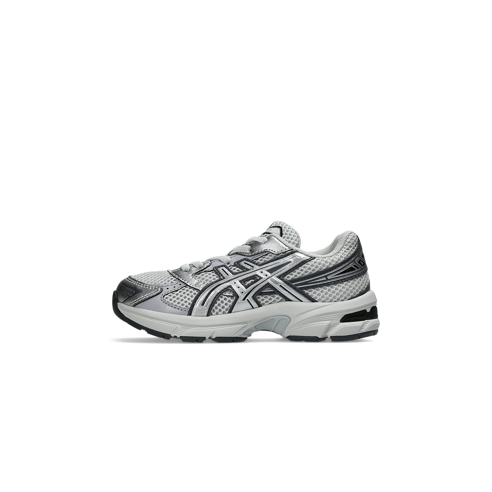 grey and silver sneakers on a white background
