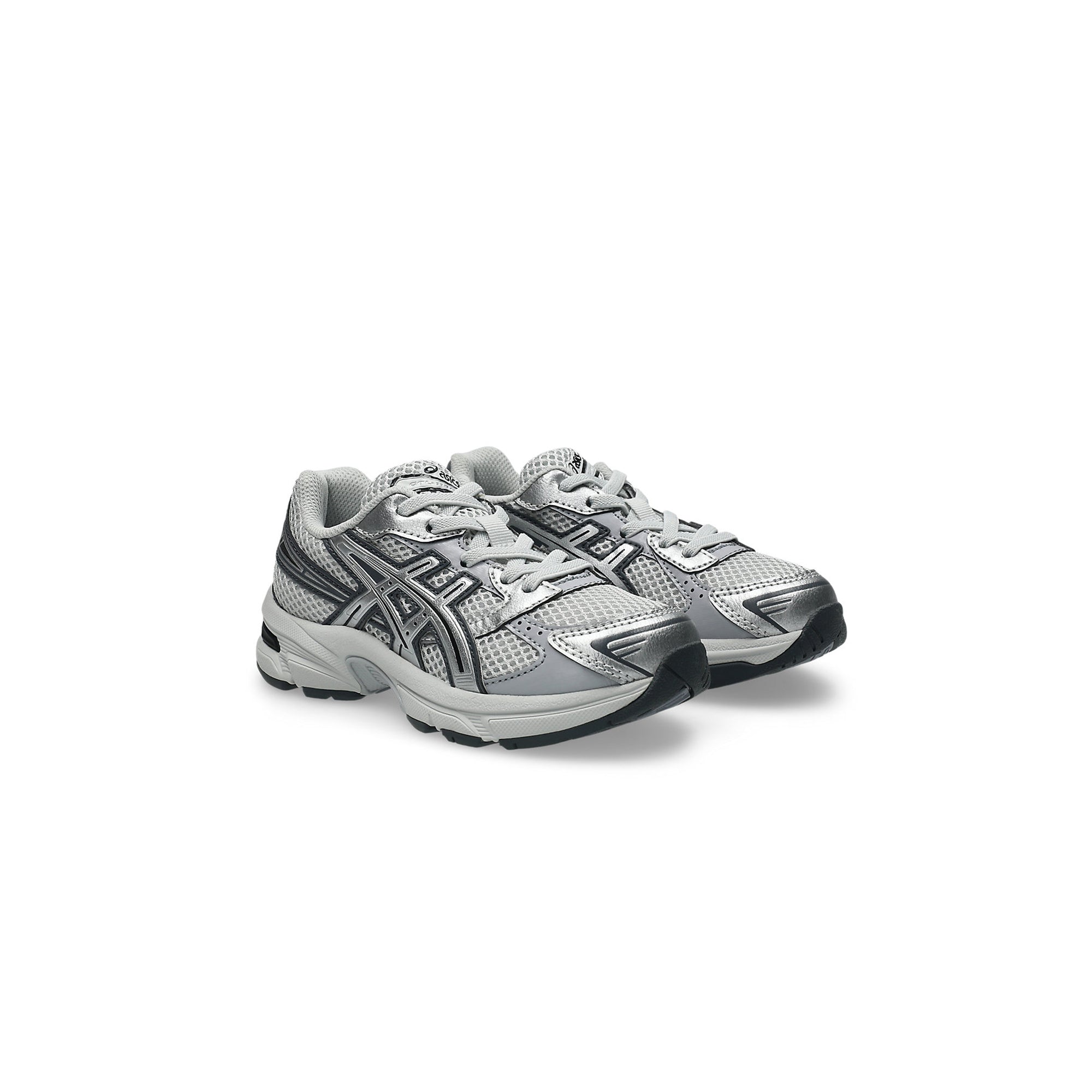 grey and silver sneakers on a white background