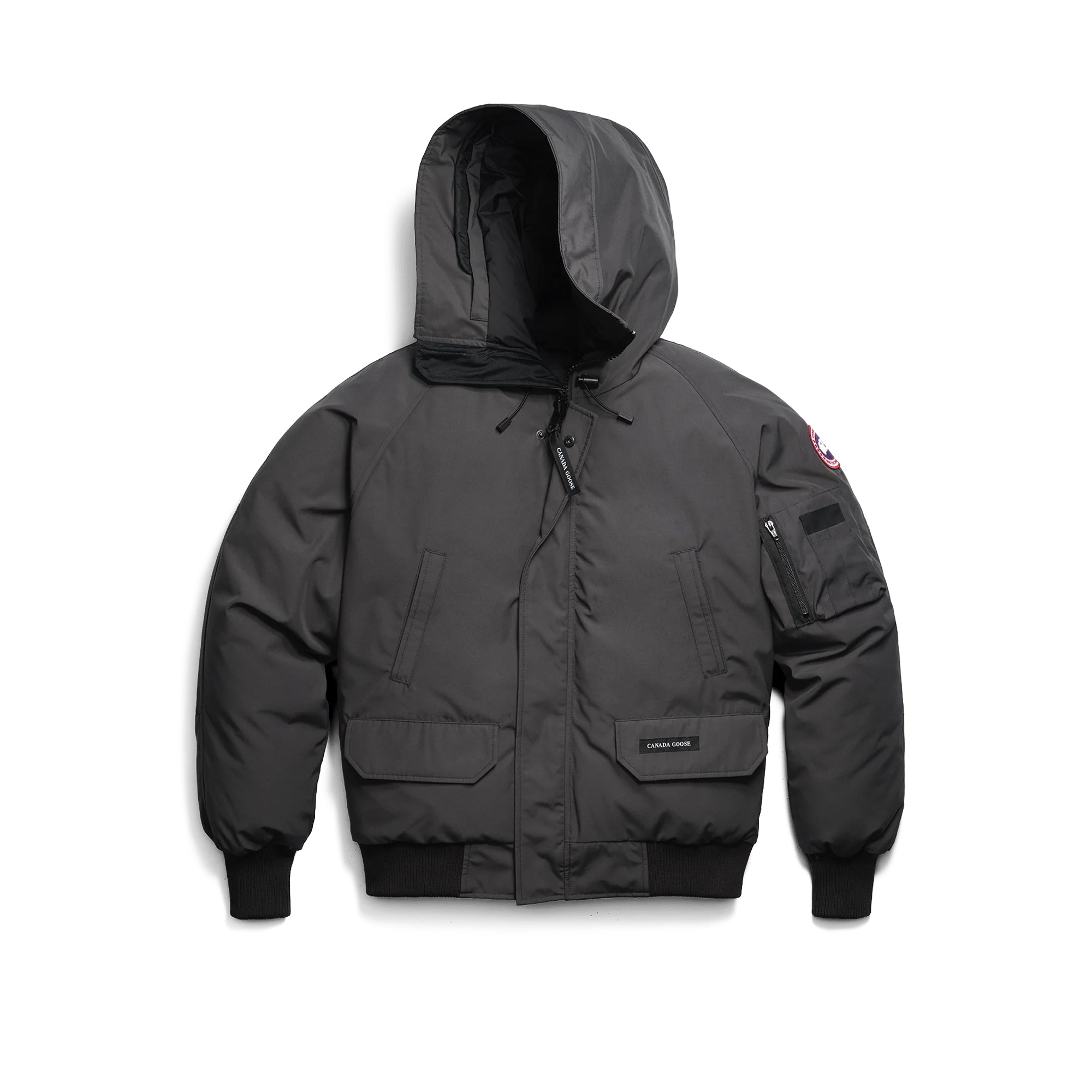 grey and black jacket on a white background