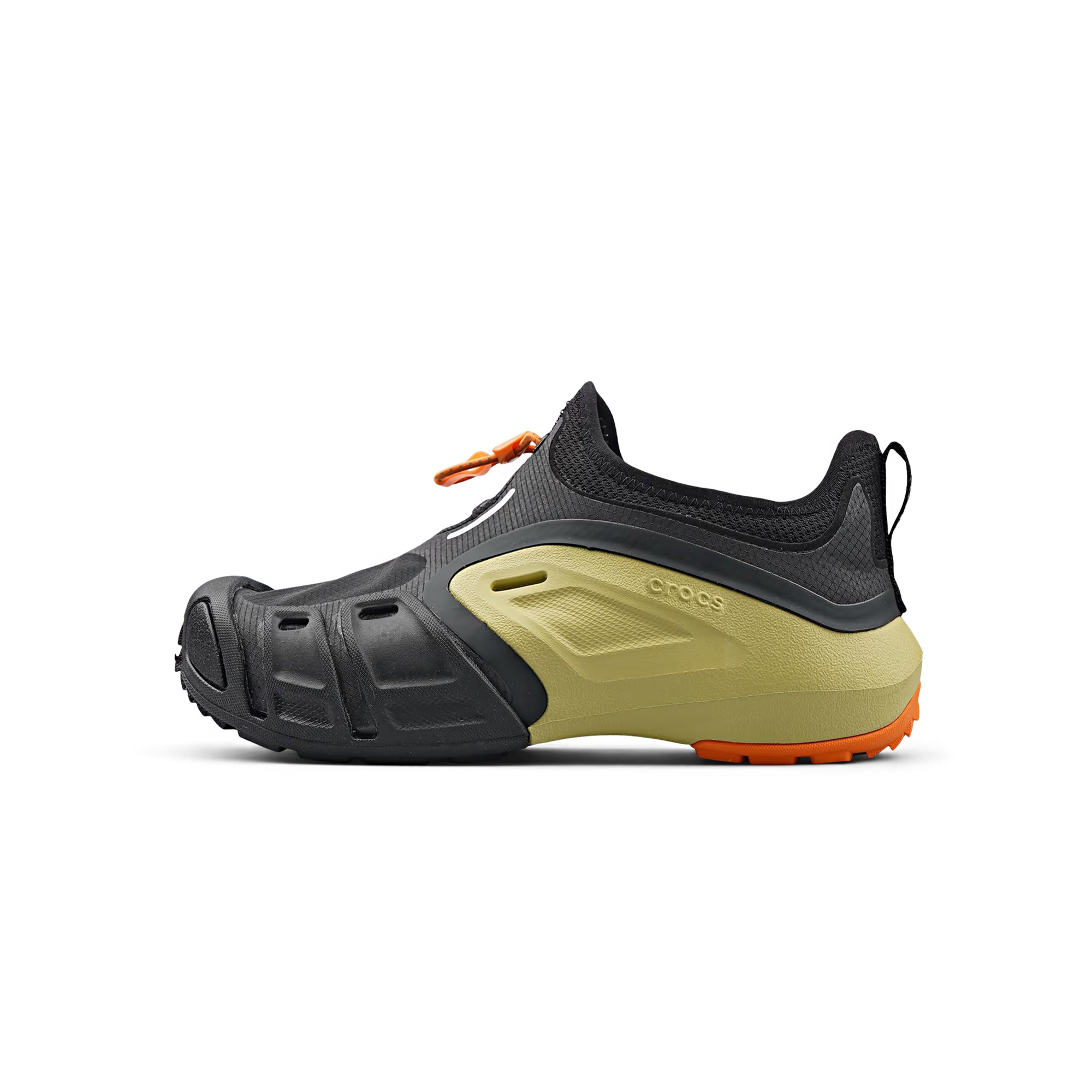 black green and orange mid sneaker clogs on a white background