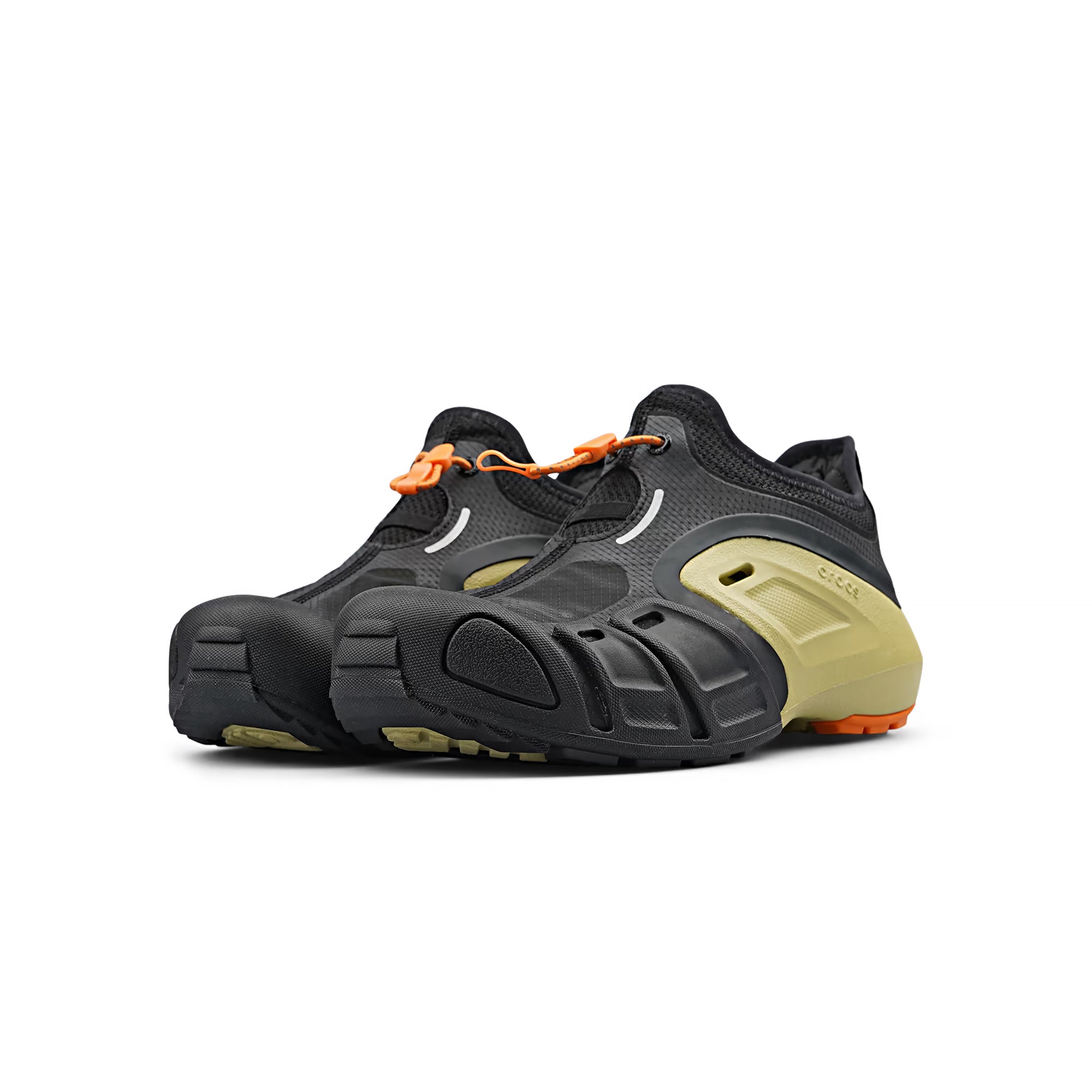 black green and orange mid sneaker clogs on a white background