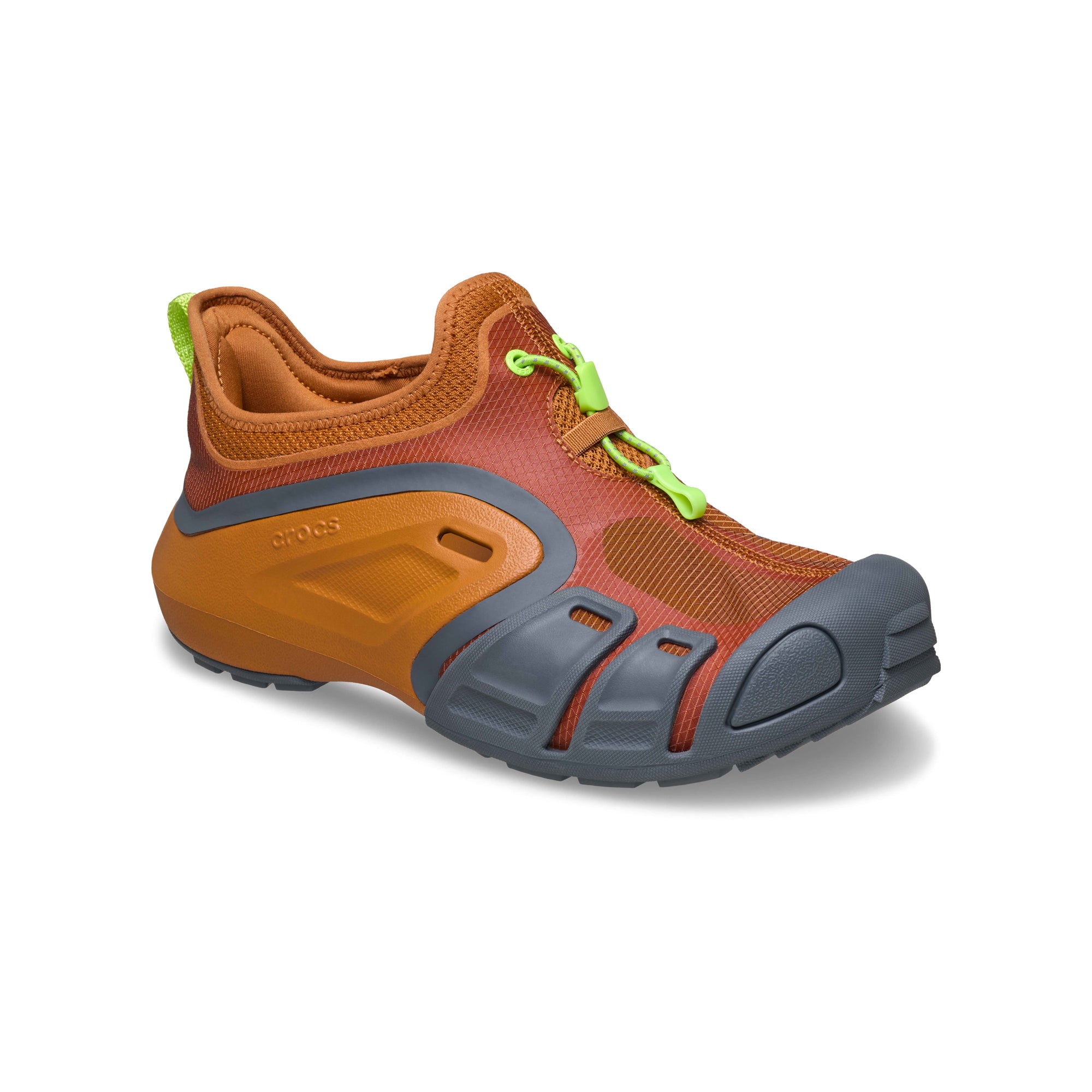 Orange and gray shoe with green accents on a white background
