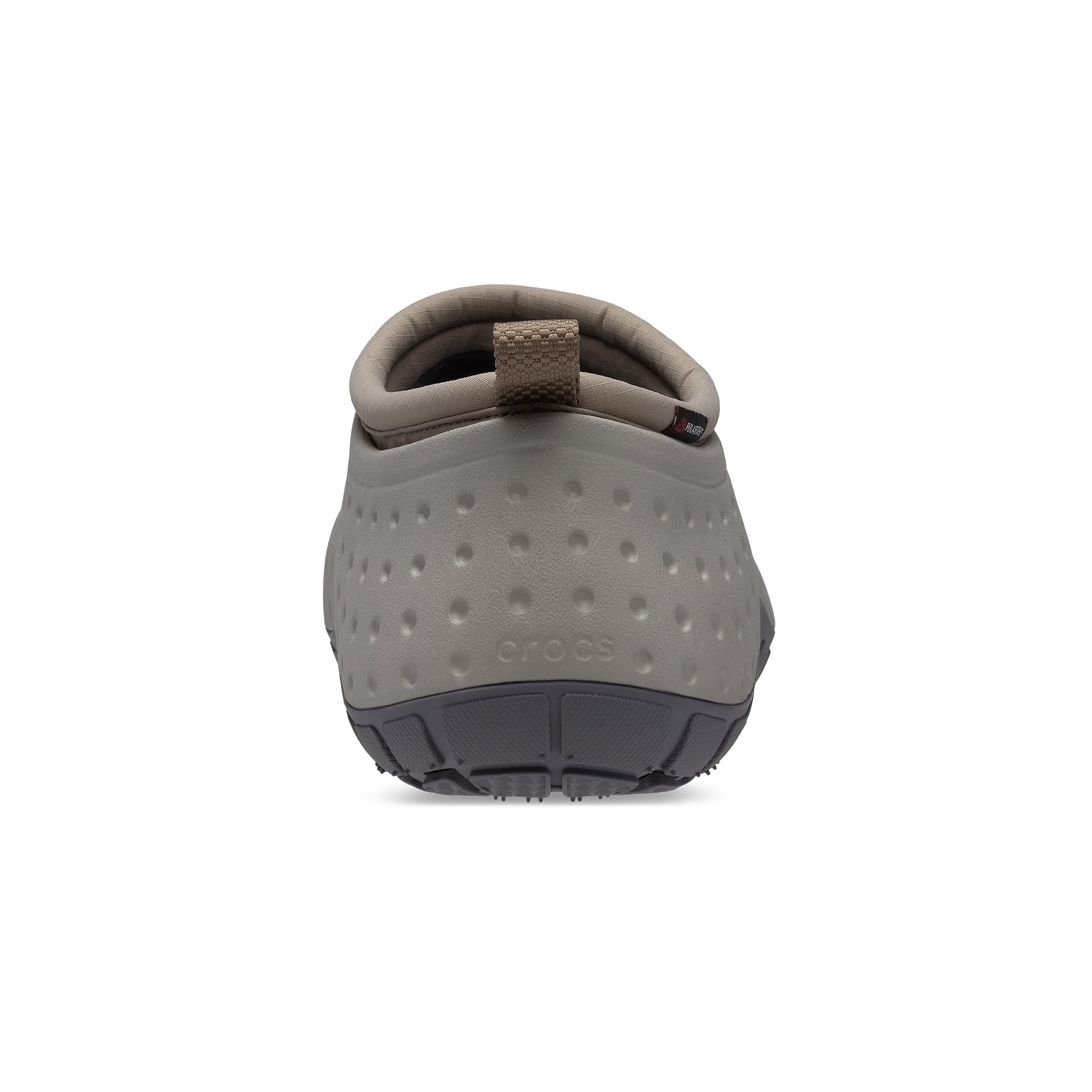 Grey and taupe clogs on a white background