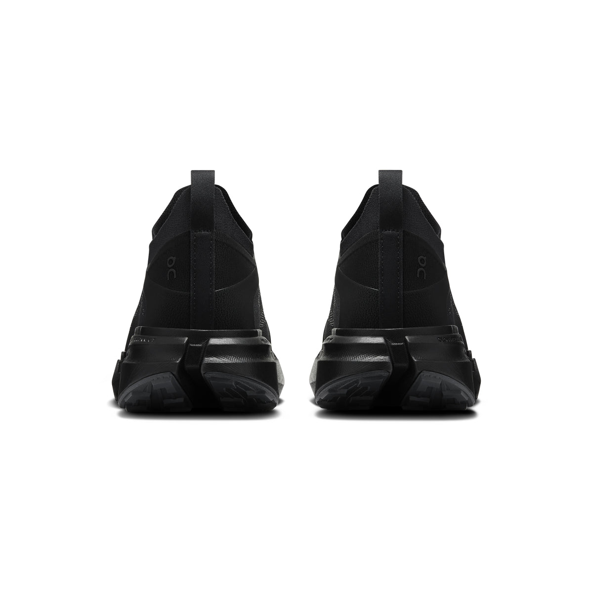 Black athletic sneakers shown from the back, featuring a chunky black sole and a small embossed 'o2' logo on the heel, set against a plain white background.