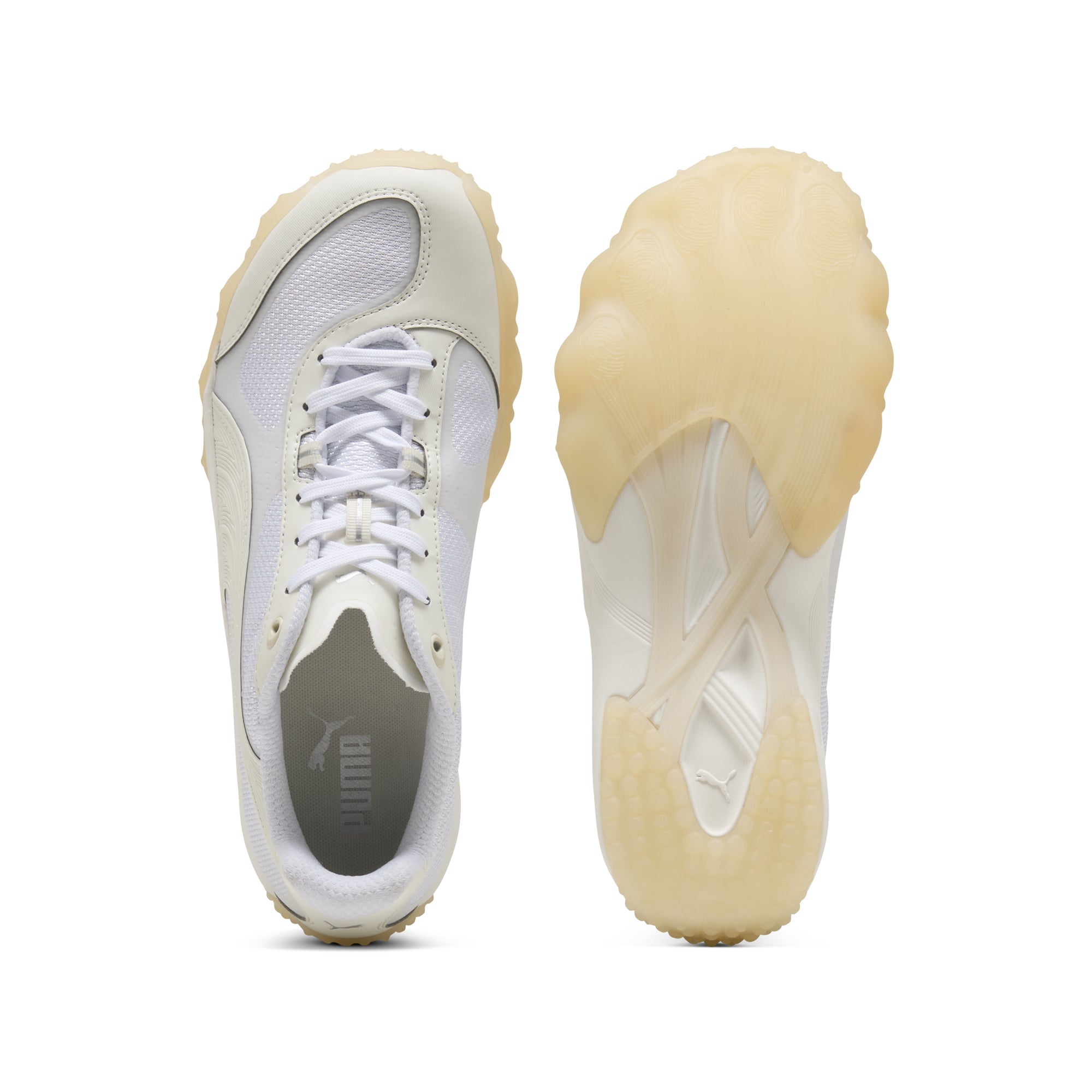 white and gum sneakers on a white background