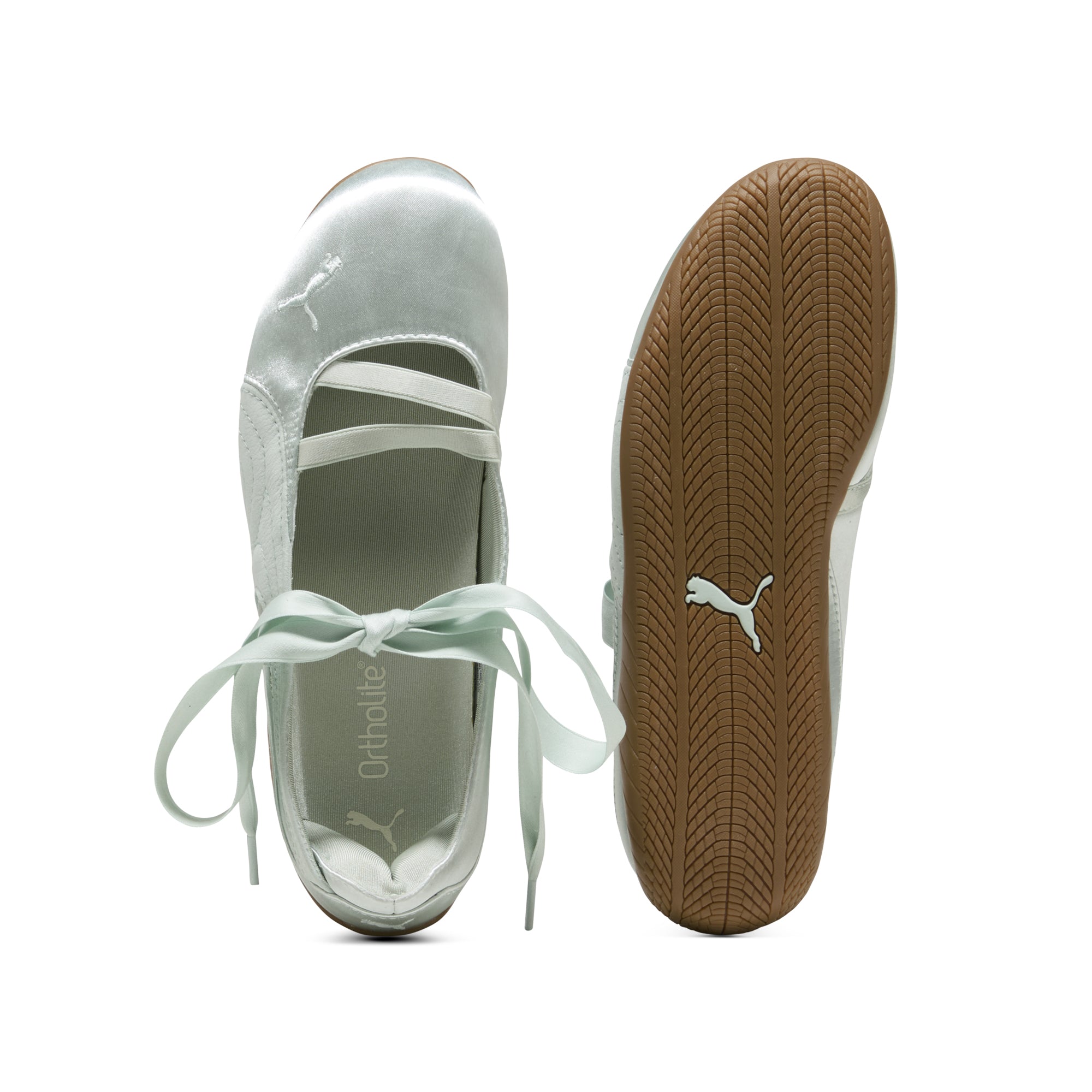 light green and gum sole sneakers on a white background
