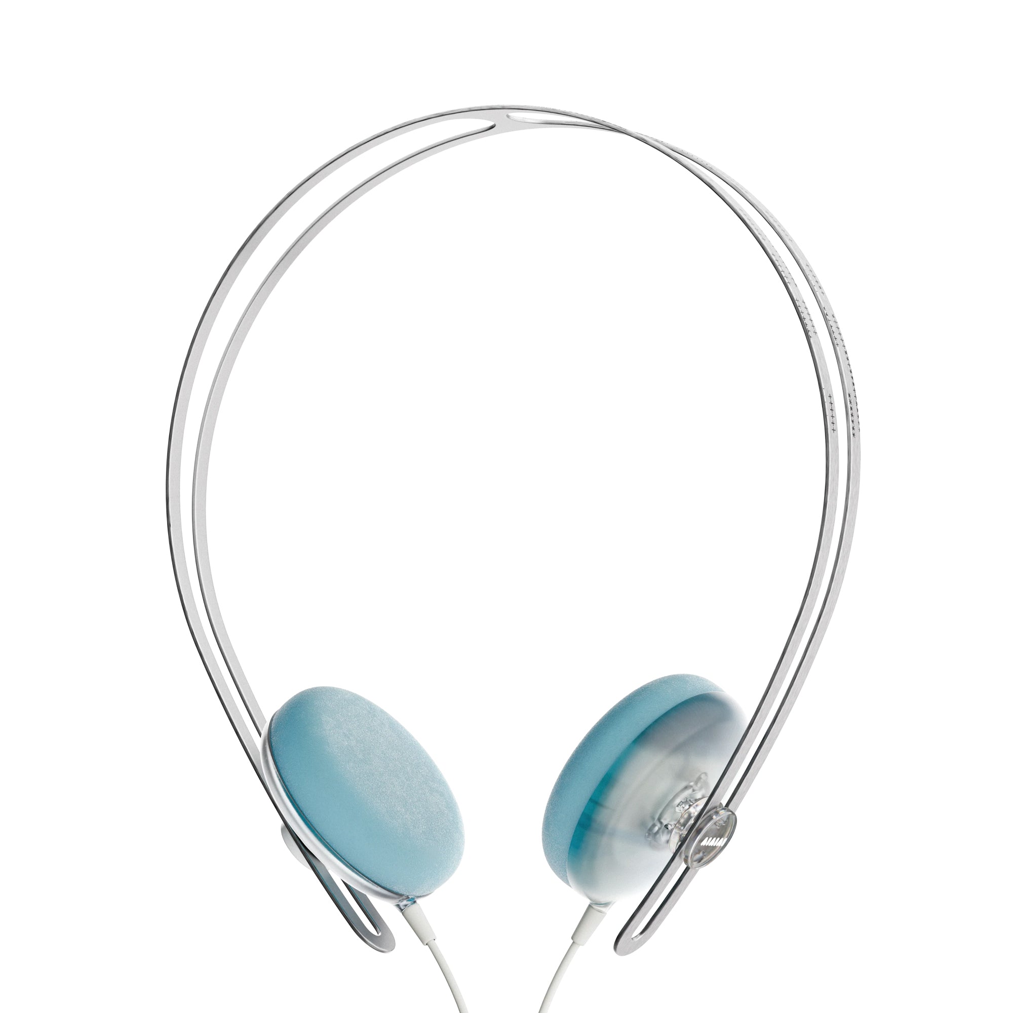 grey and light blue headphones on a white background