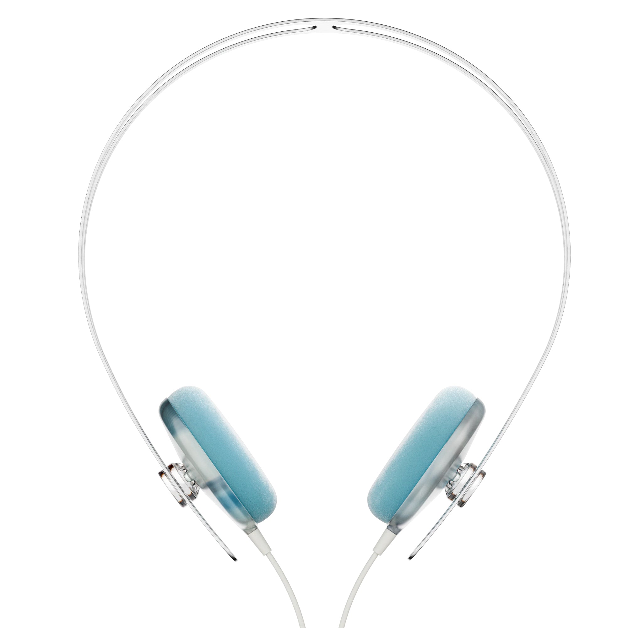 grey and light blue headphones on a white background