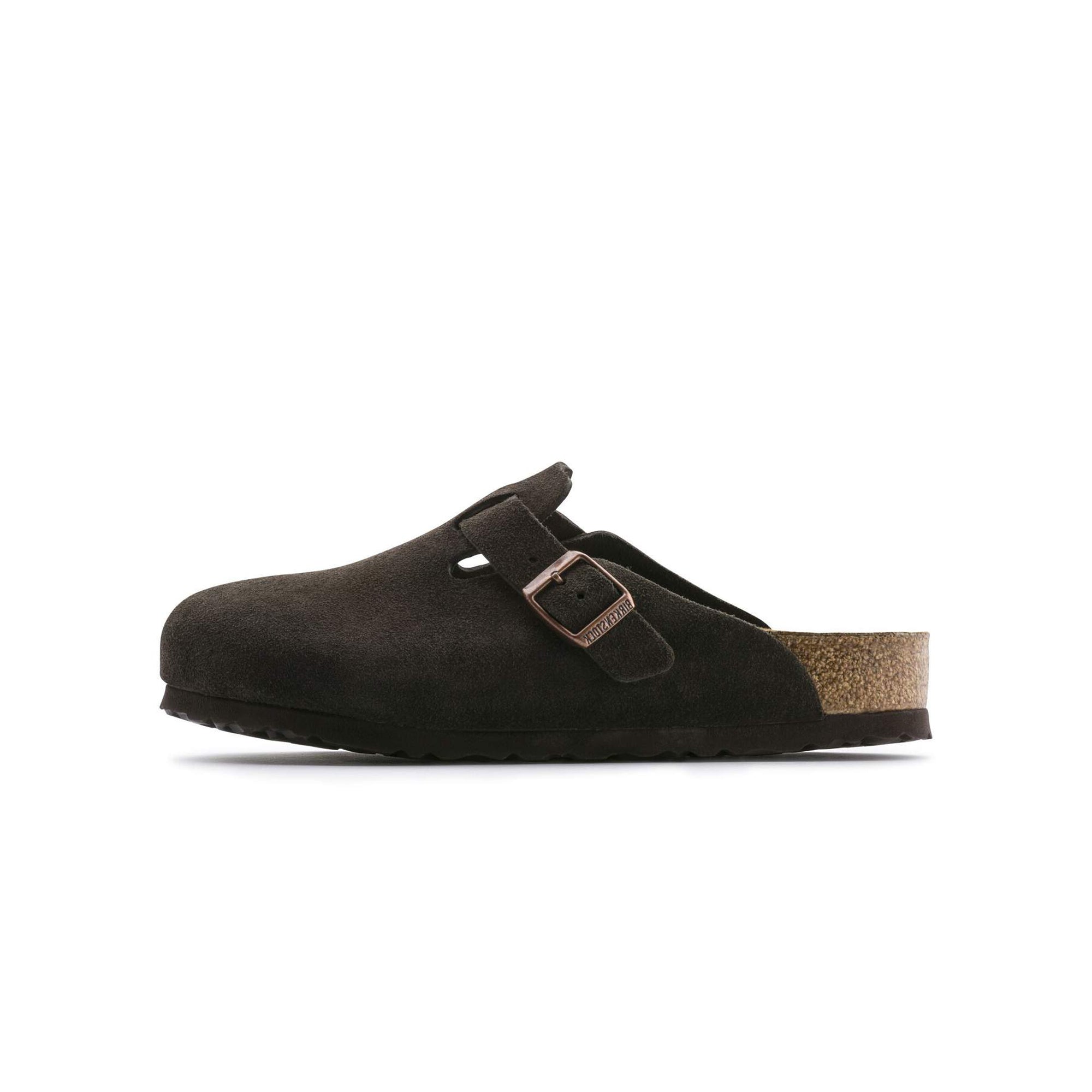 Brown Soft Footbed Sandal with metal pin buckle on a white background