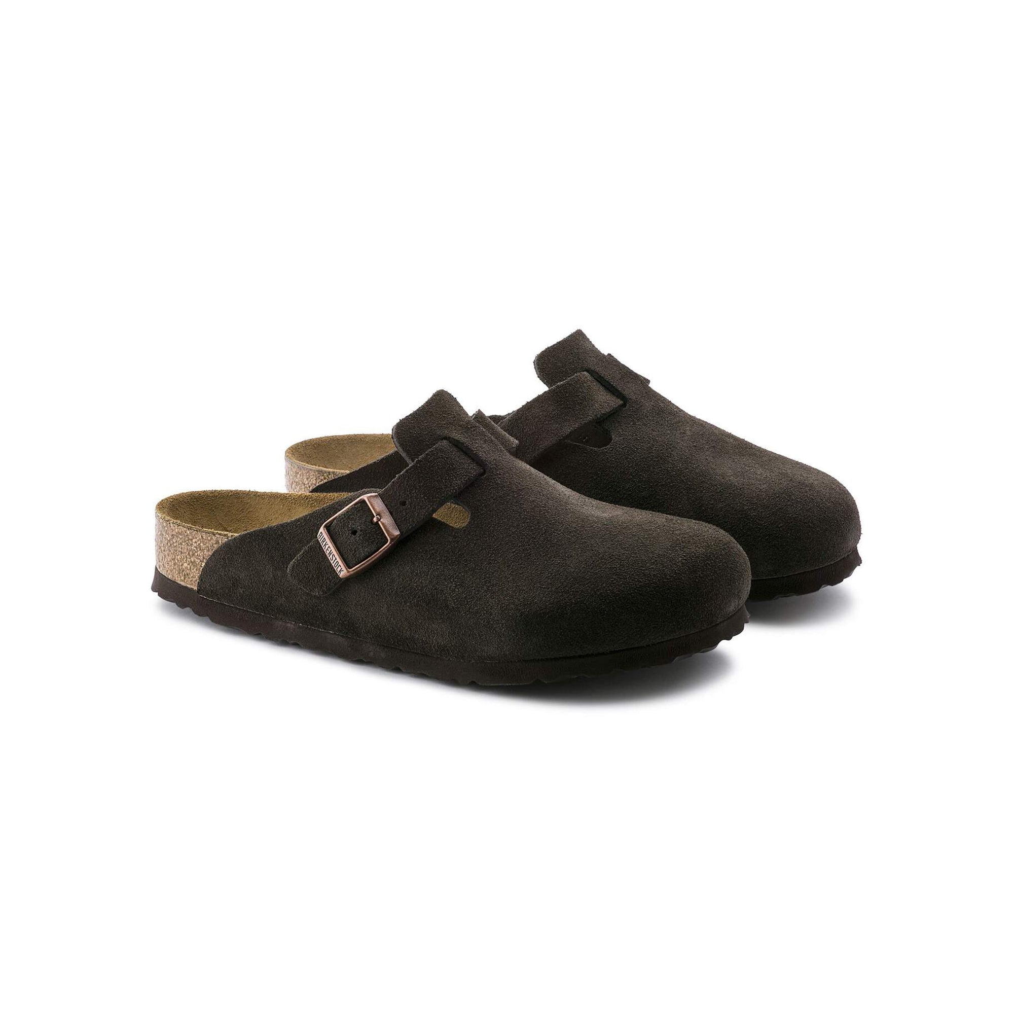 Brown Soft Footbed Sandal with metal pin buckle on a white background