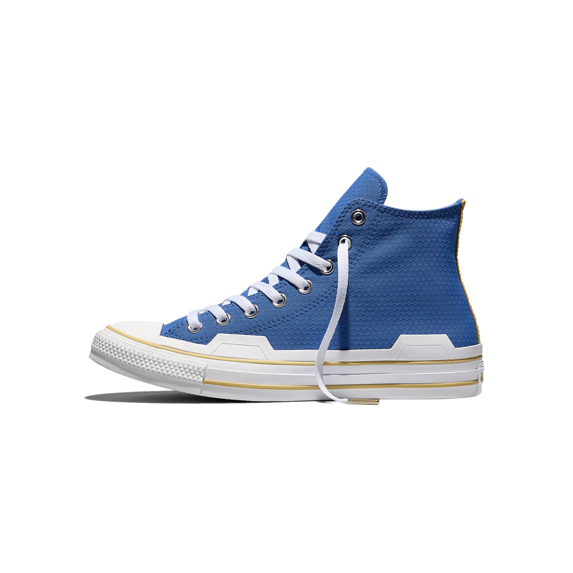 blue white yellow and red sneakers on a white background