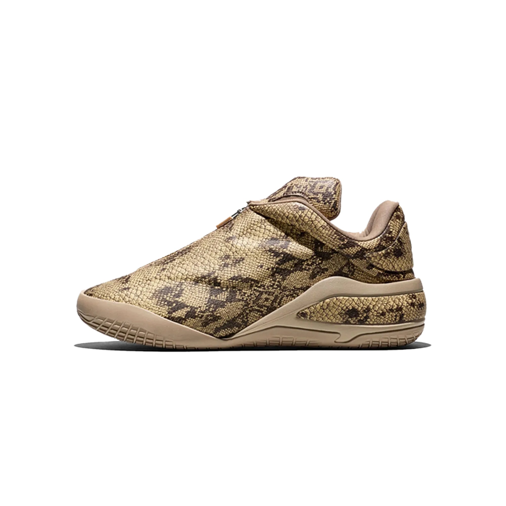 tan snake sneakers on a white background