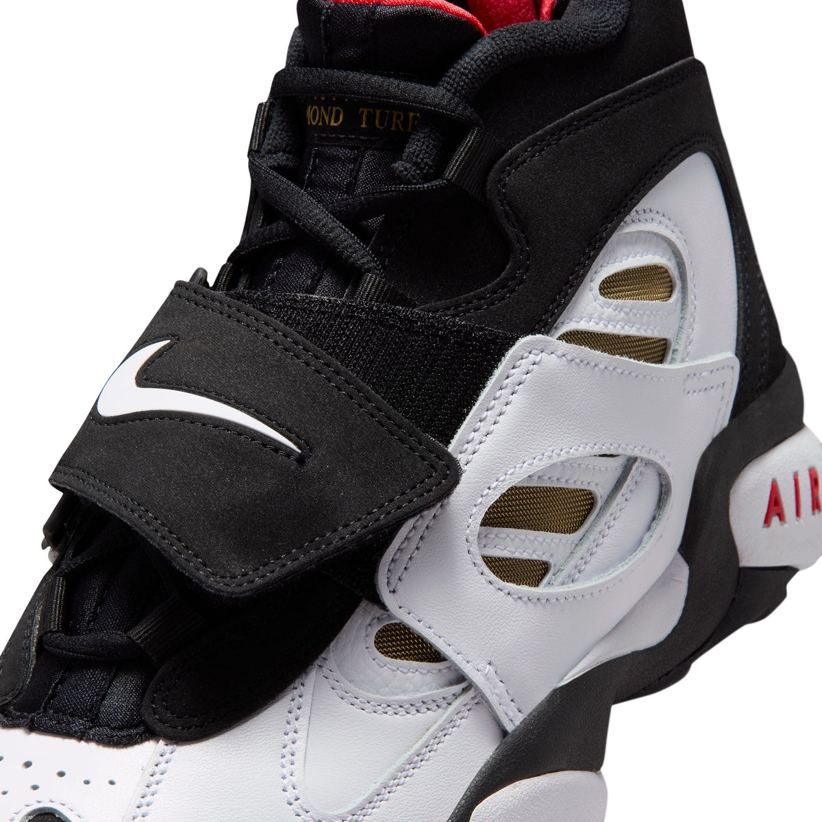 Black/white-fire Red-metallic Gold Sneakers on a white background