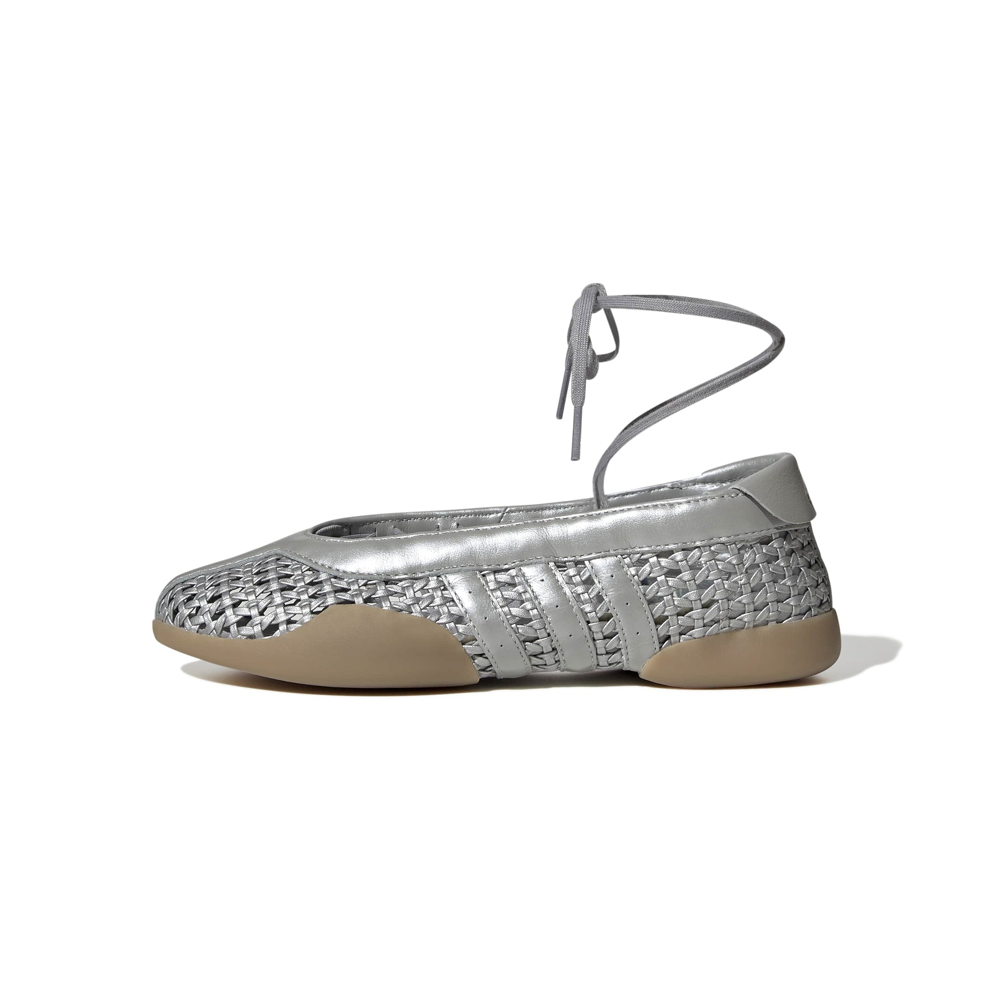 silver and gum ballet sneakers on a white background