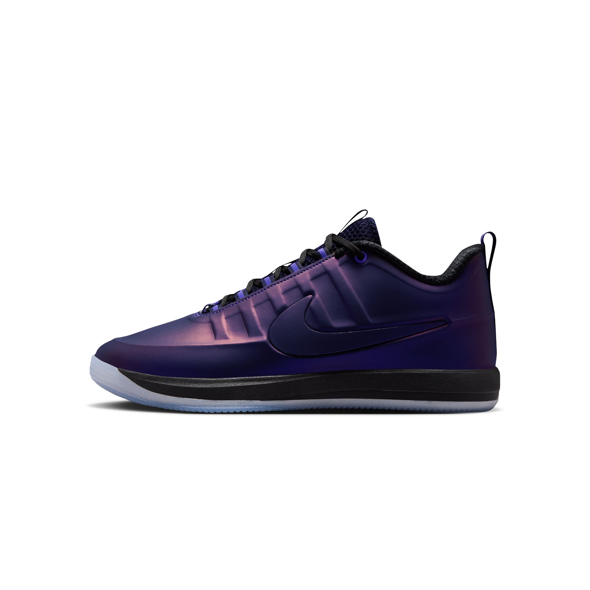 A Nike court shoe featuring a metallic purple and blue gradient upper, black laces, a black midsole, and a translucent light blue outsole, shown from a side profile on a white background.