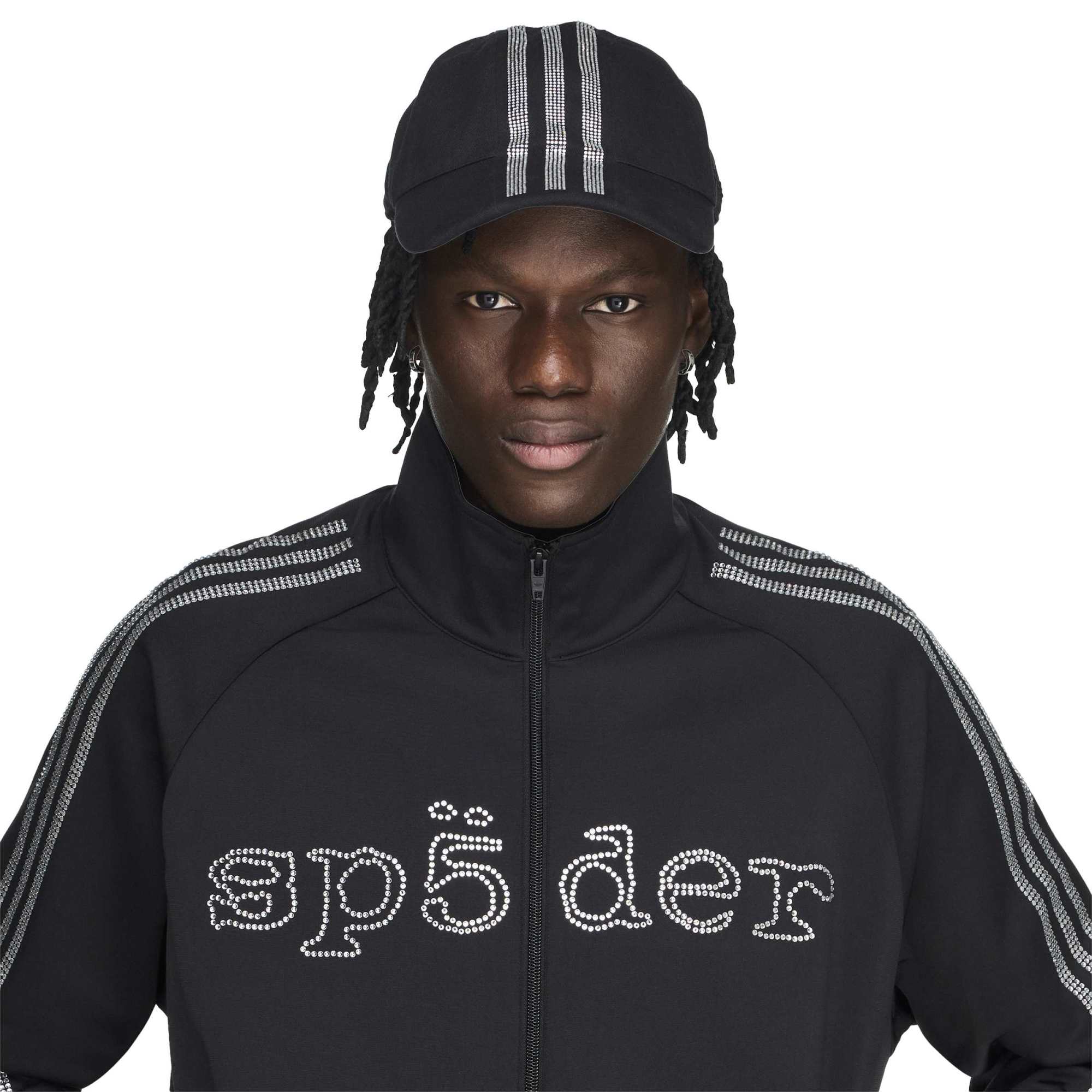 black and silver rhinestone track jacket on a white background 