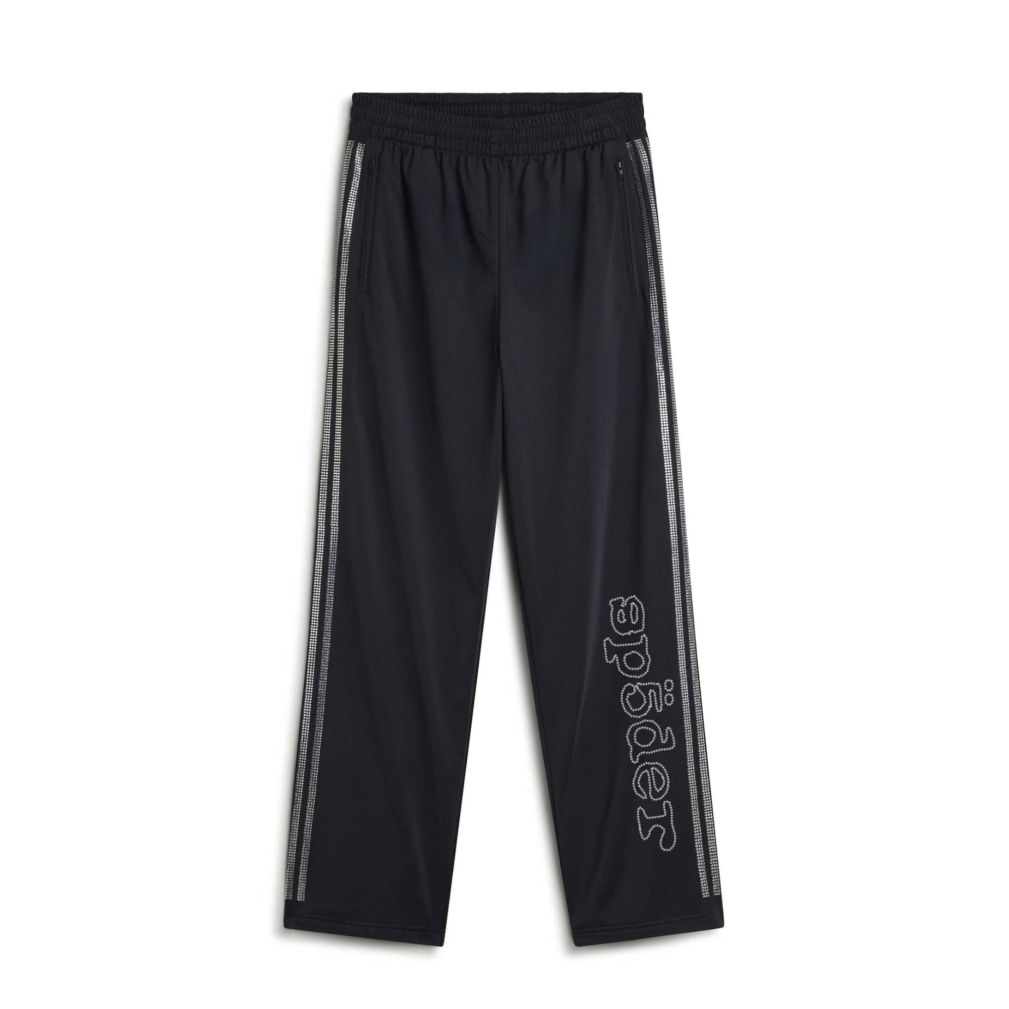 black and silver rhinestone track pants on a white background