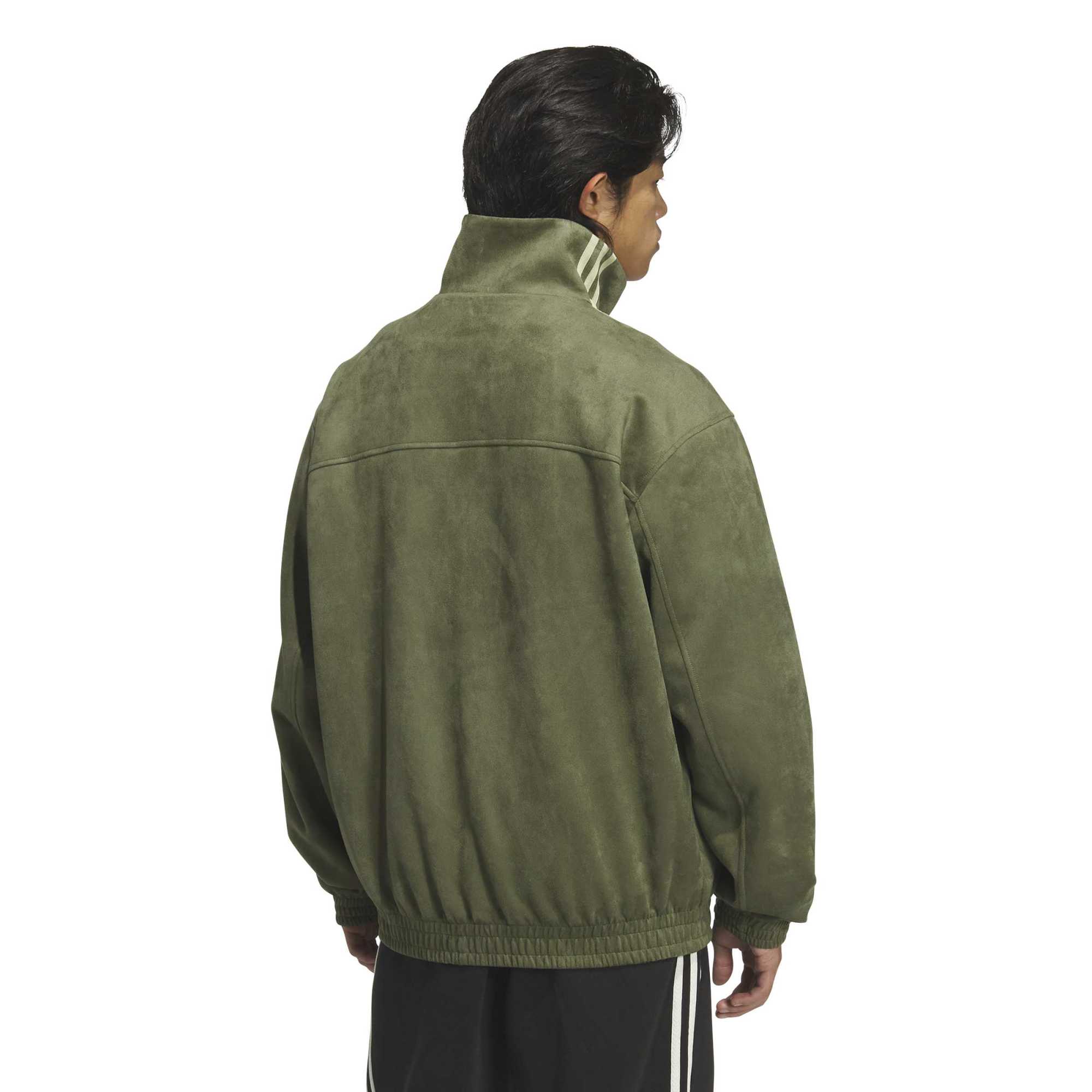 person wearing olive jacket on a white background