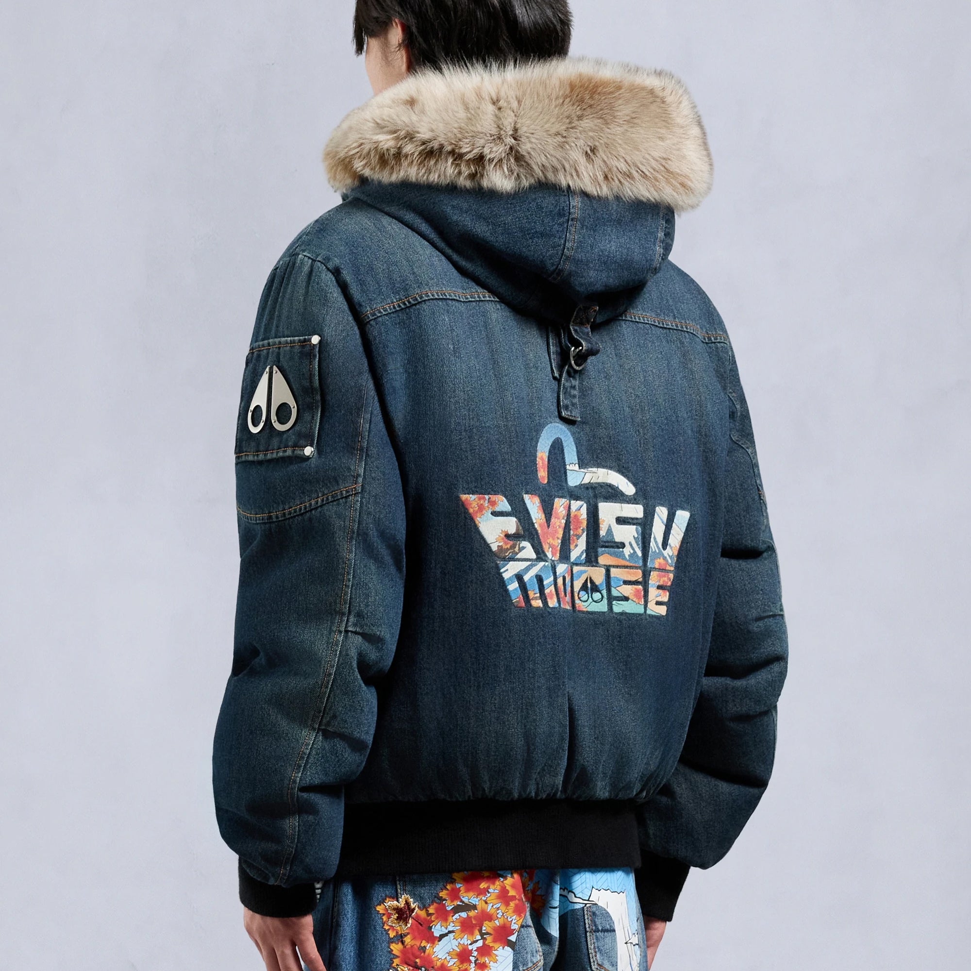 Moose Knuckles x Evisu Mens Denim Down Bomber Jacket