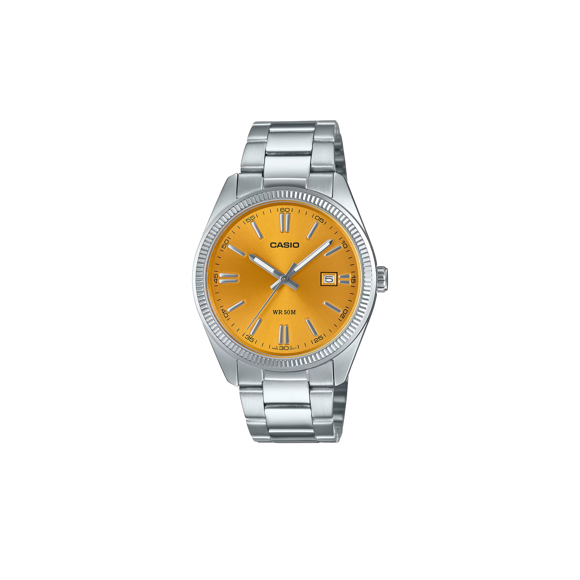 Casio Mens Vintage Silver and Yellow Analog Watch card image