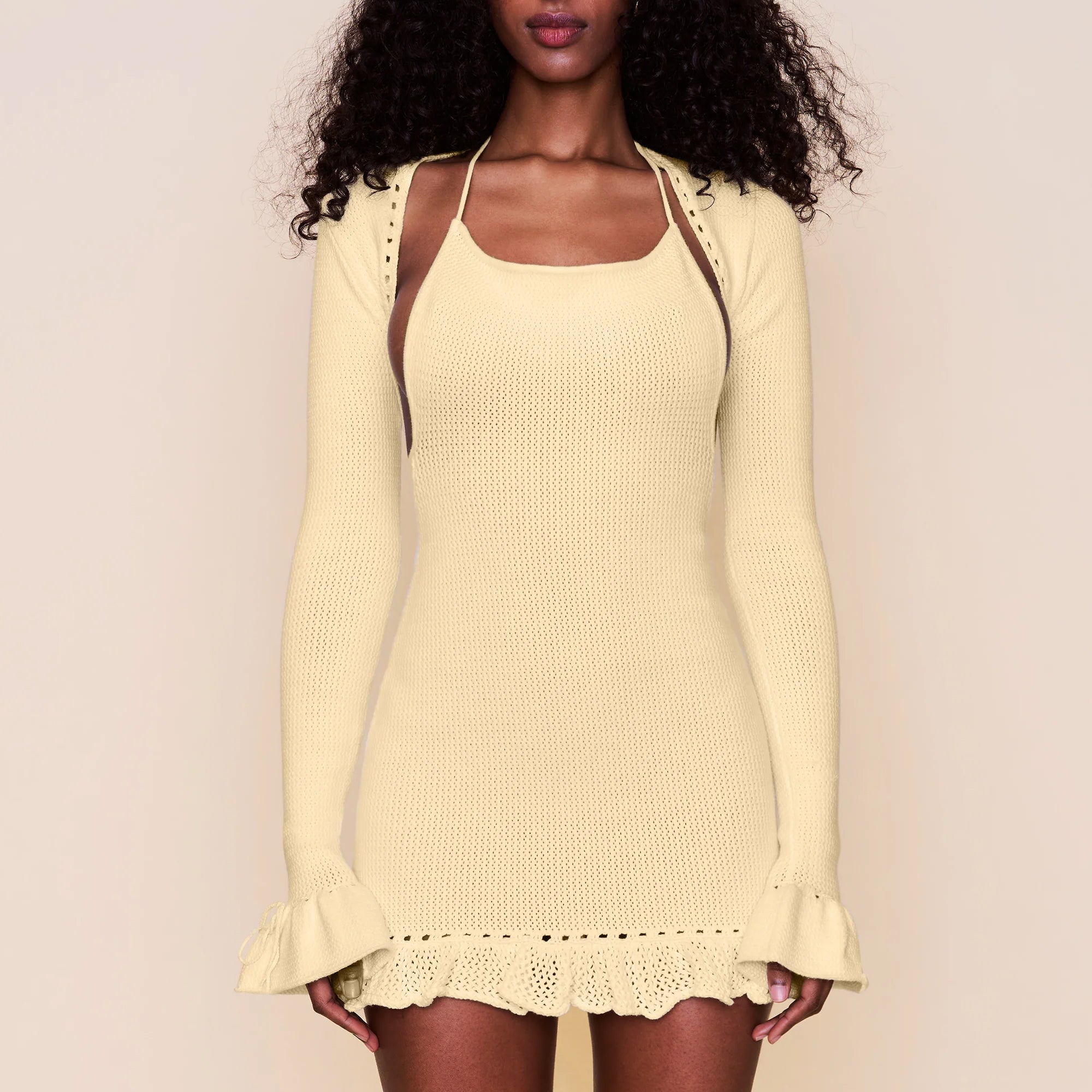 Guizio Womens Crochet Ruffle Sleeve Bolero