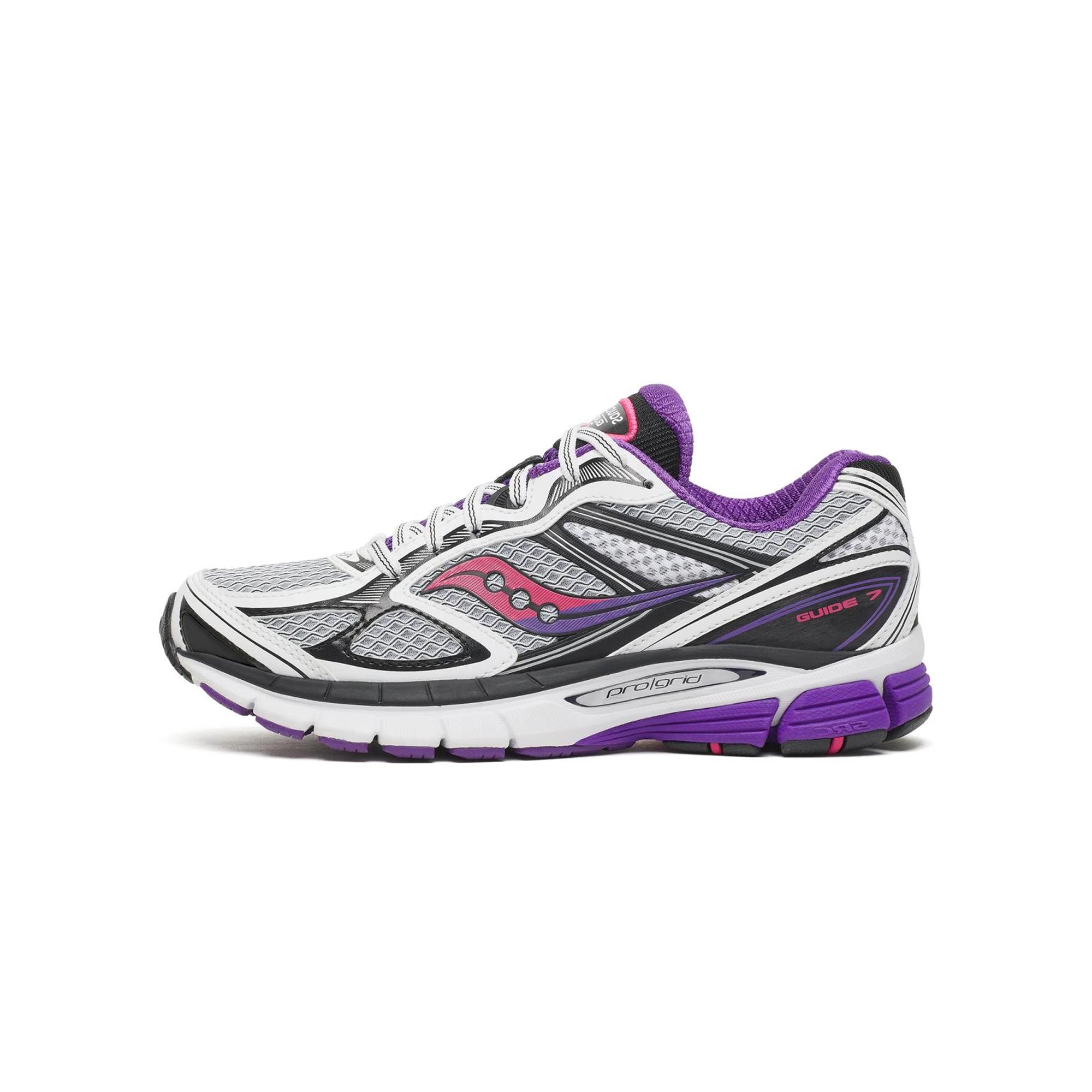 white purple pink and black sneakers on a white background
