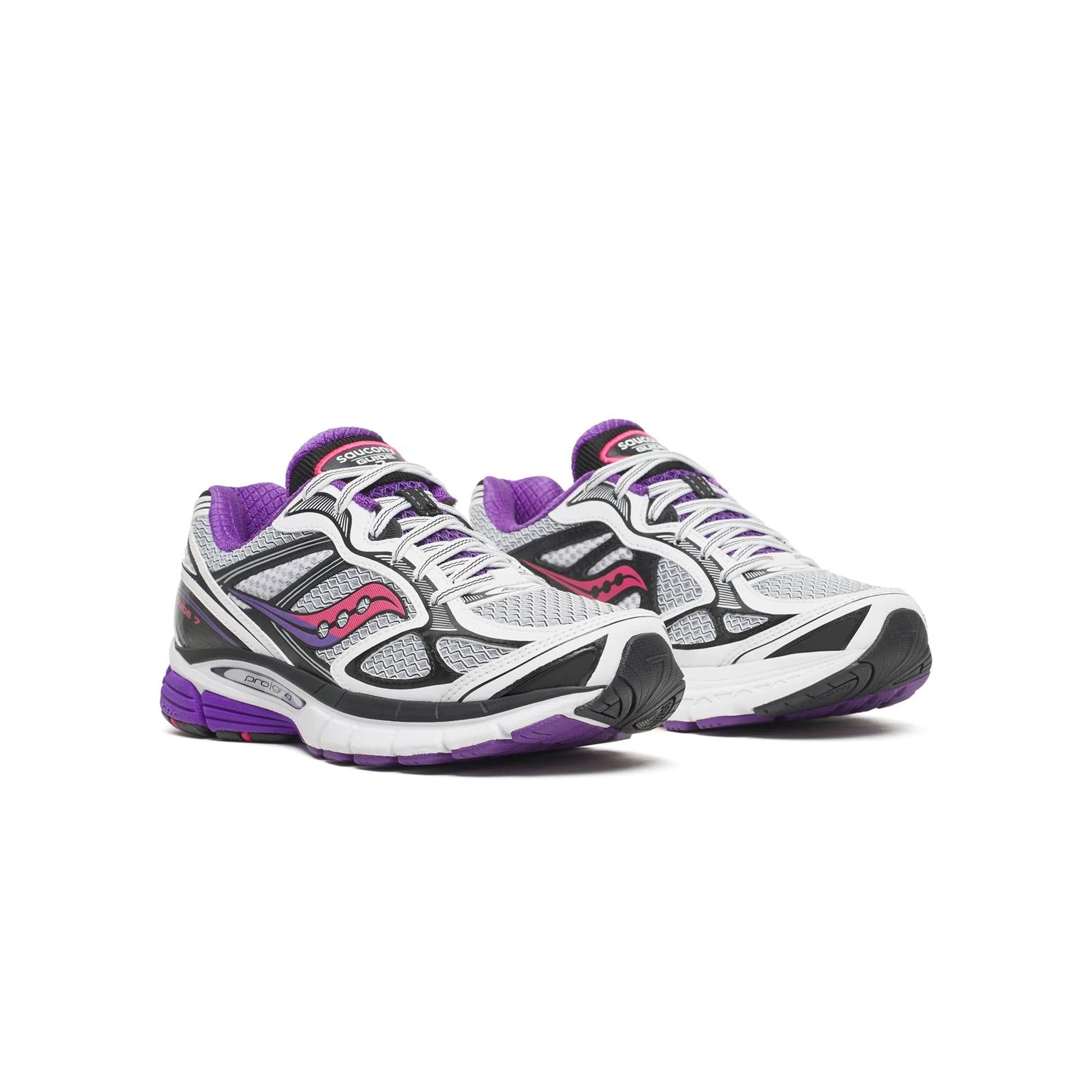 white purple pink and black sneakers on a white background