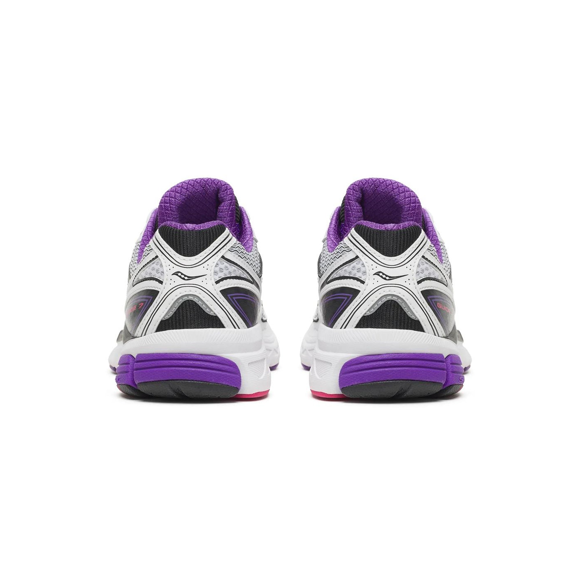 white purple pink and black sneakers on a white background