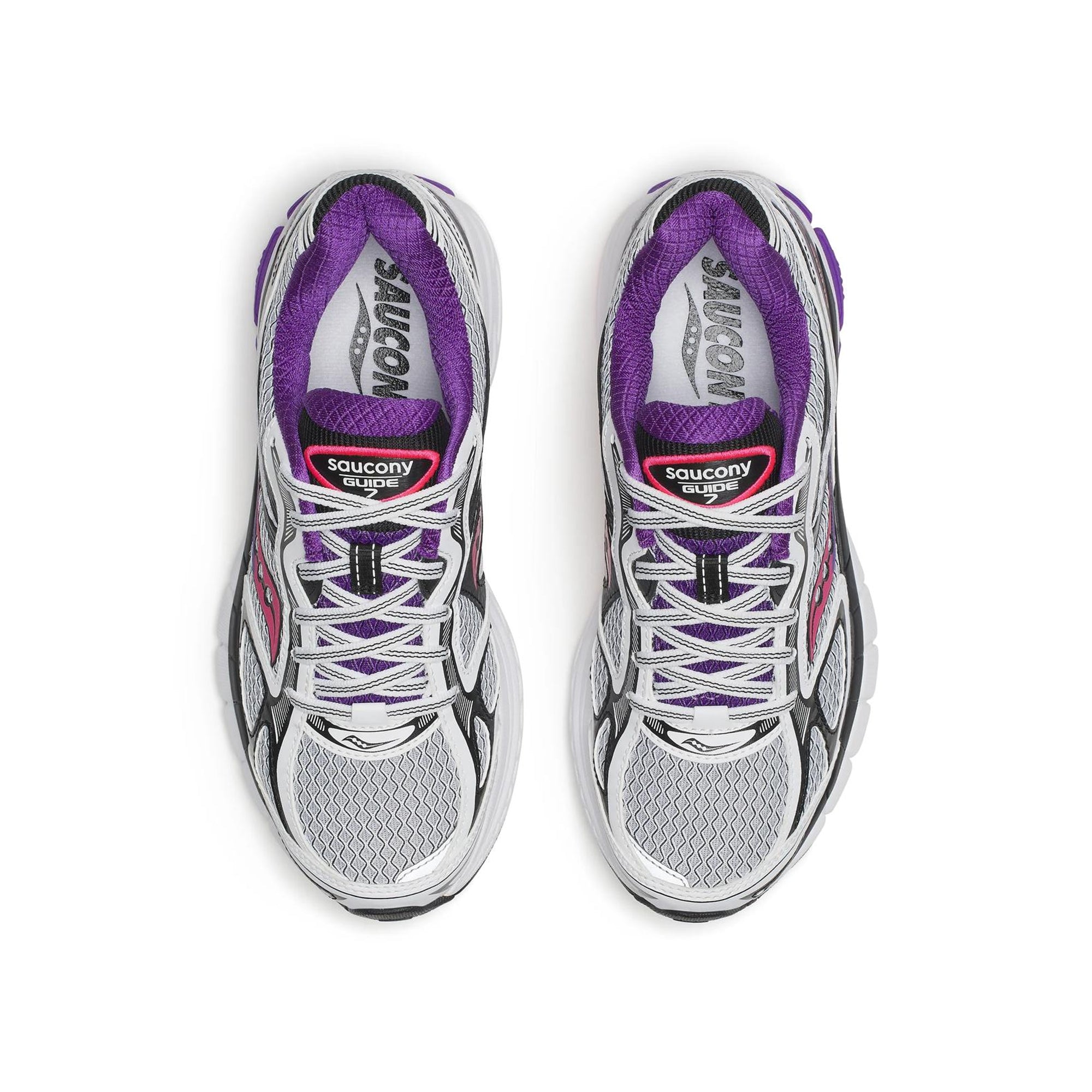 white purple pink and black sneakers on a white background