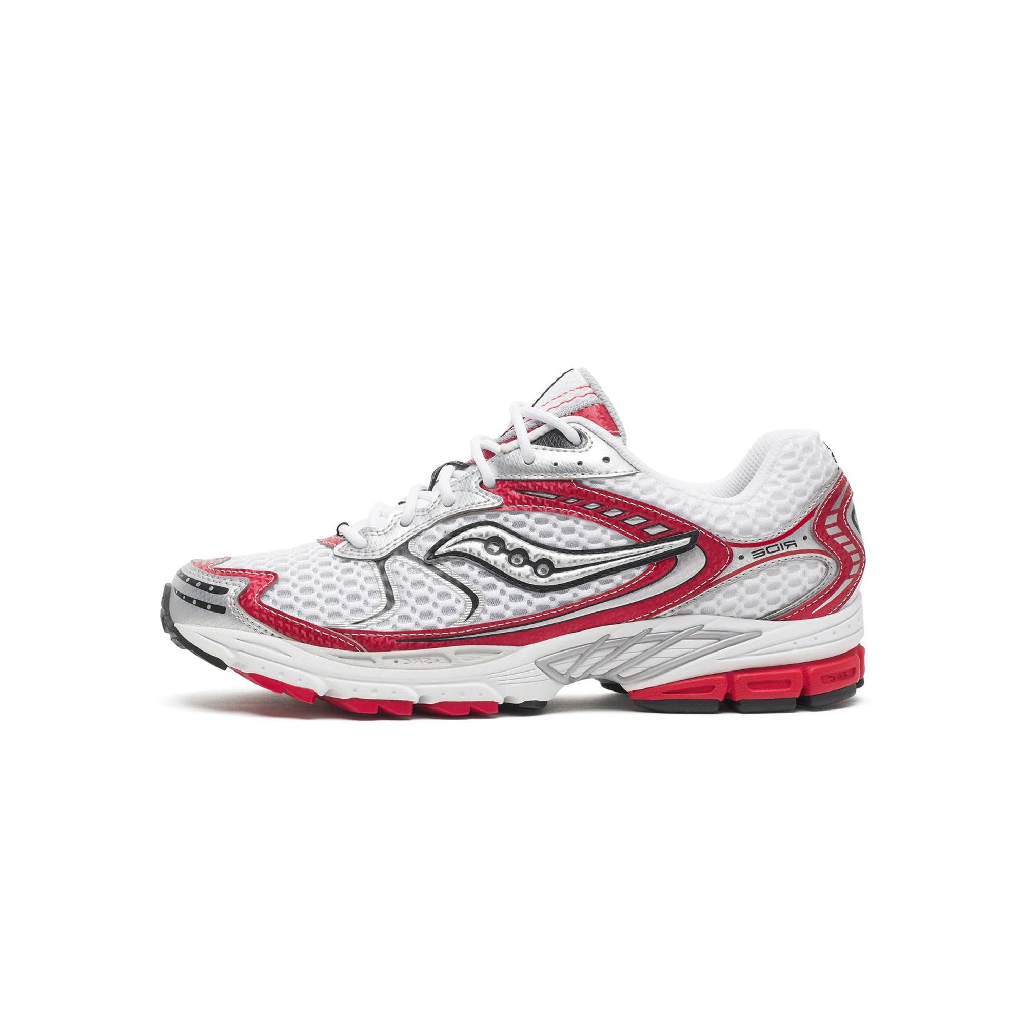 white red black and silver sneakers on a white background