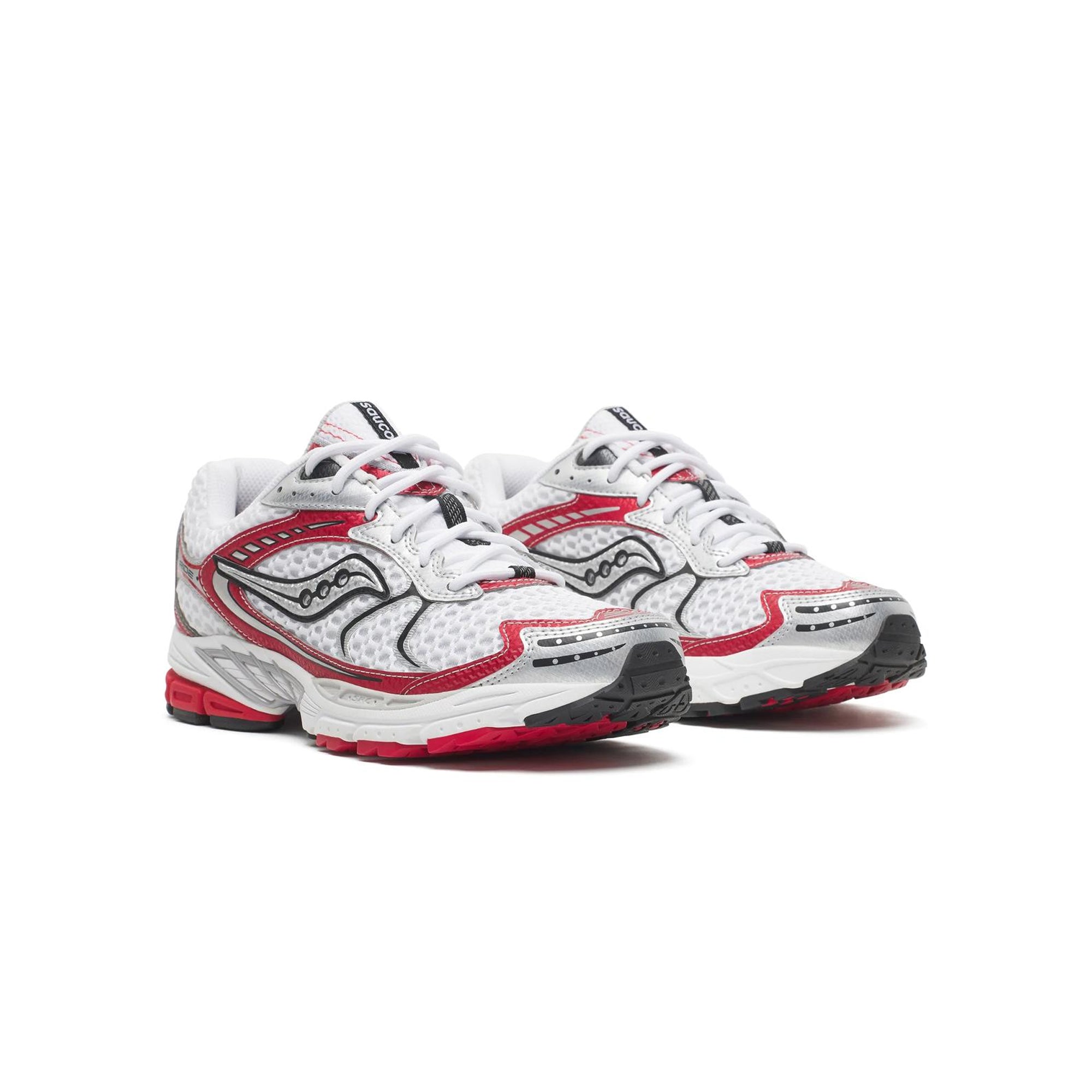 white red black and silver sneakers on a white background