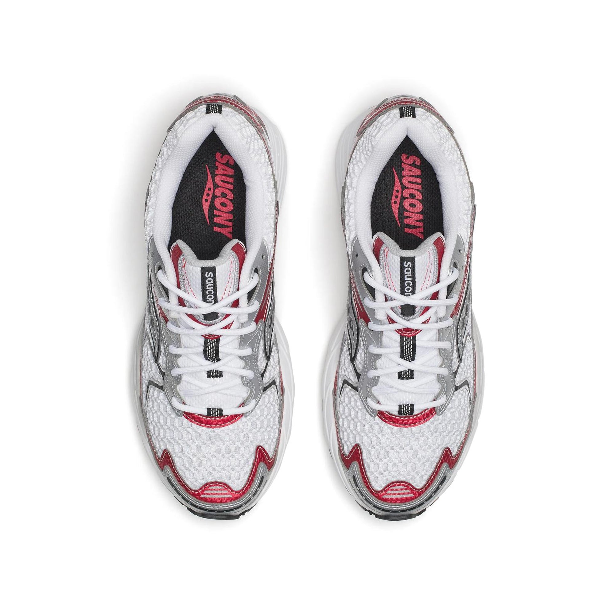 white red black and silver sneakers on a white background