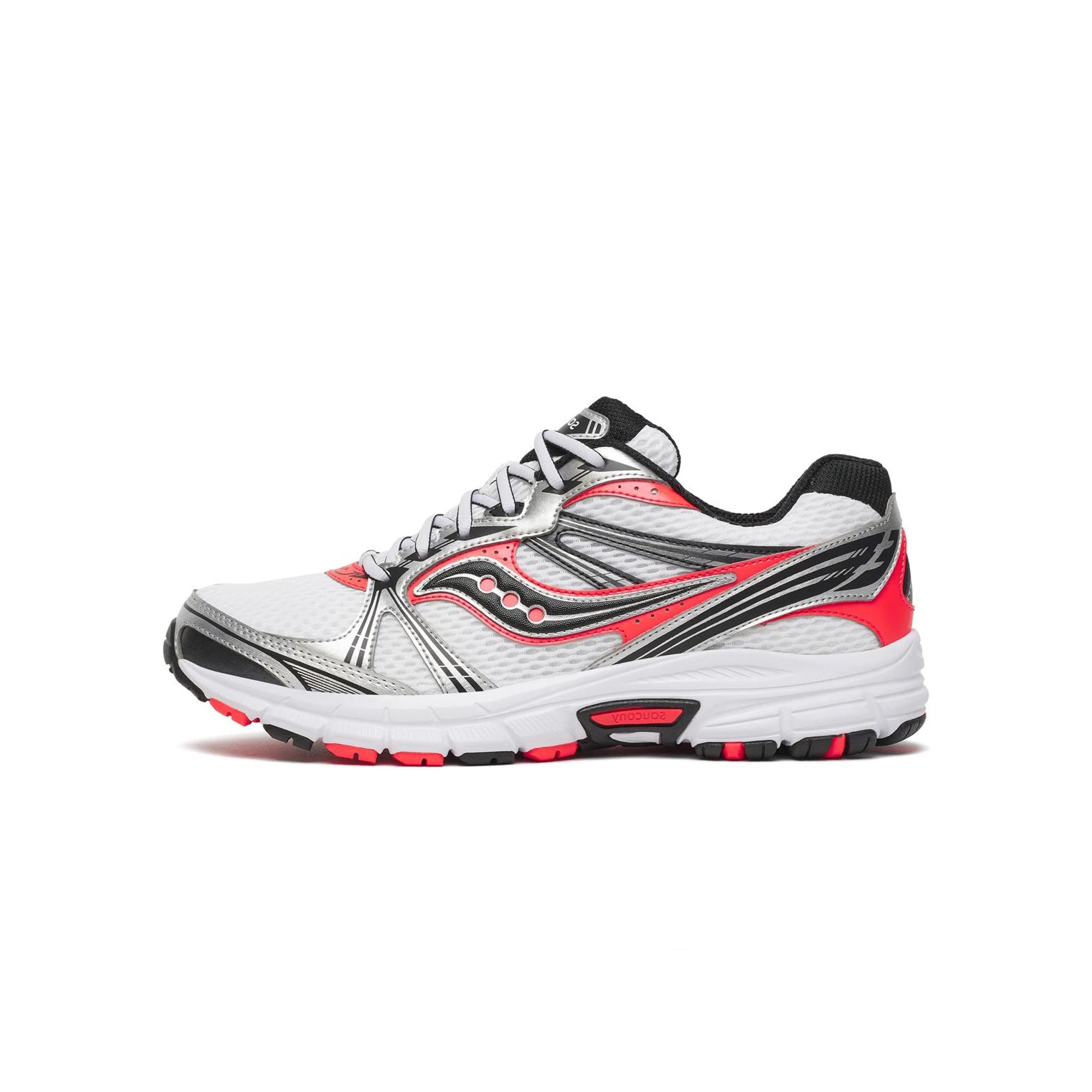 white silver neon red sneakers on a white background