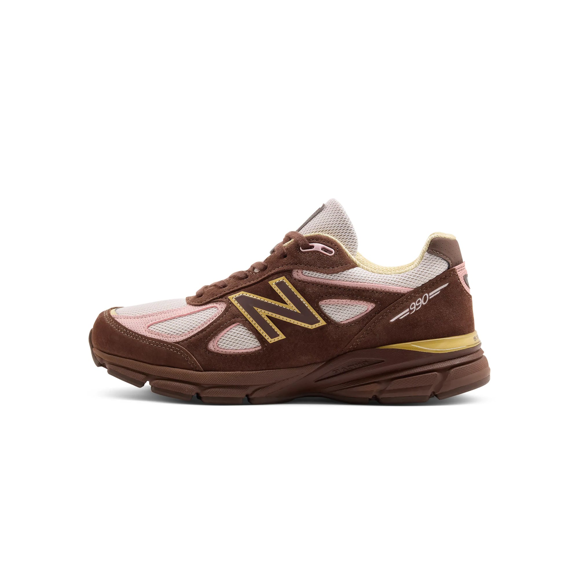 brown pink and yellow sneakers on a white background
