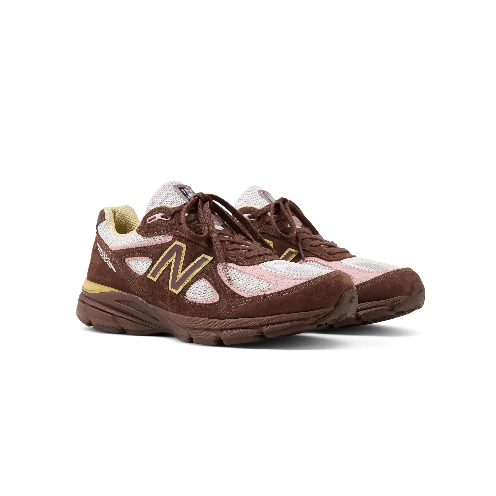 brown pink and yellow sneakers on a white background