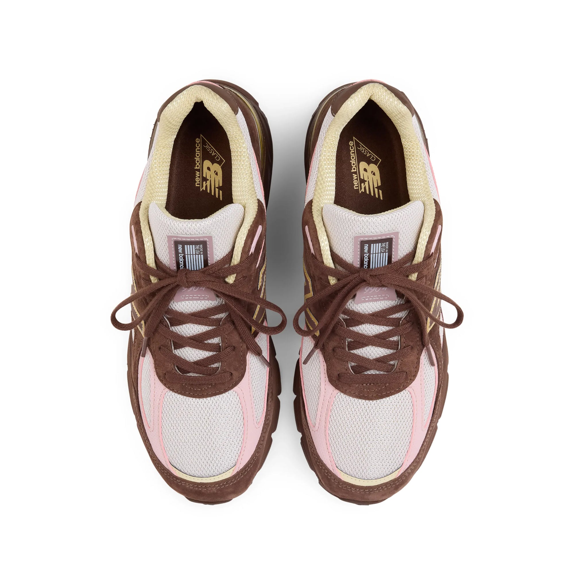 brown pink and yellow sneakers on a white background