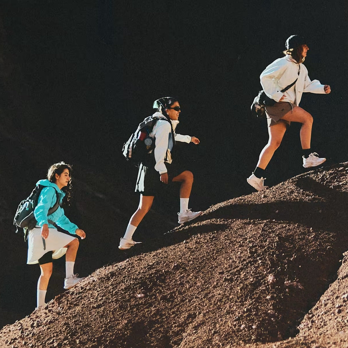 Collage of a person in outdoor gear on a mountain, hiking boots, and a backpack.