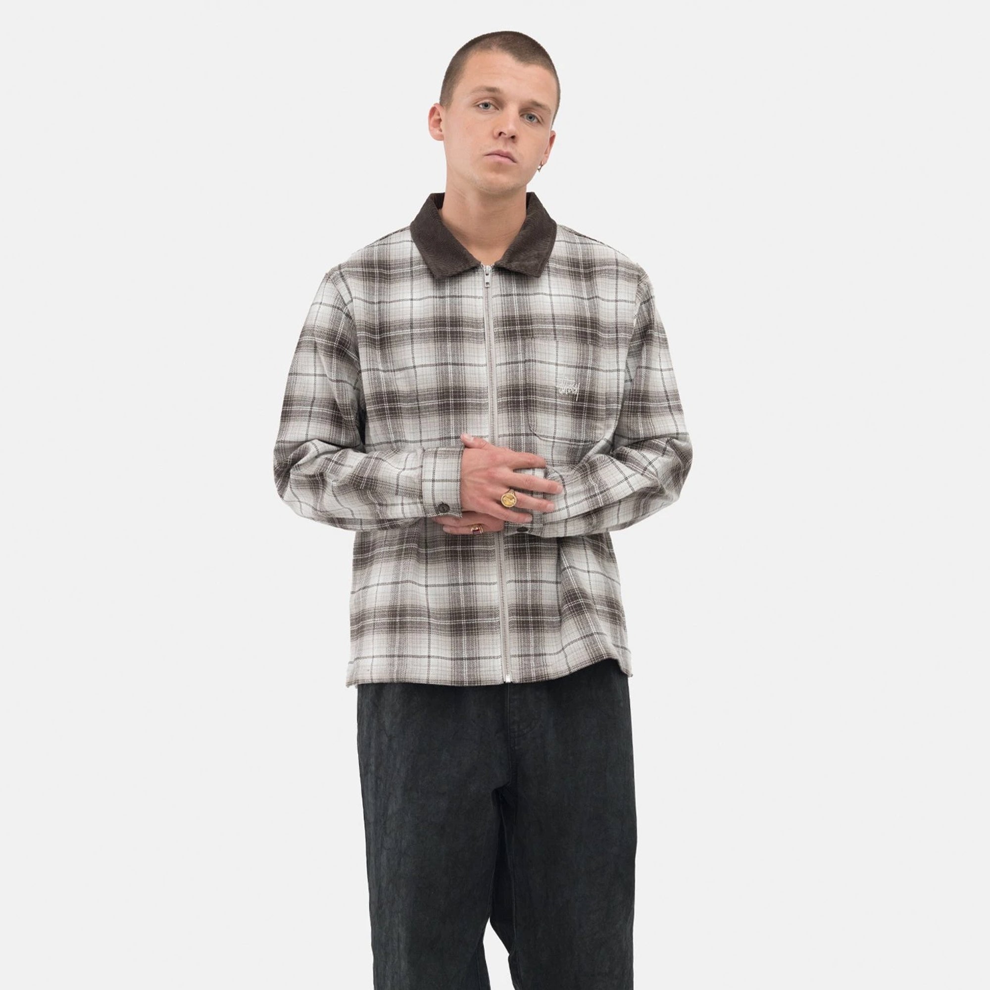 Stussy Mens Frank Plaid Zip LS Shirt 'Brown'