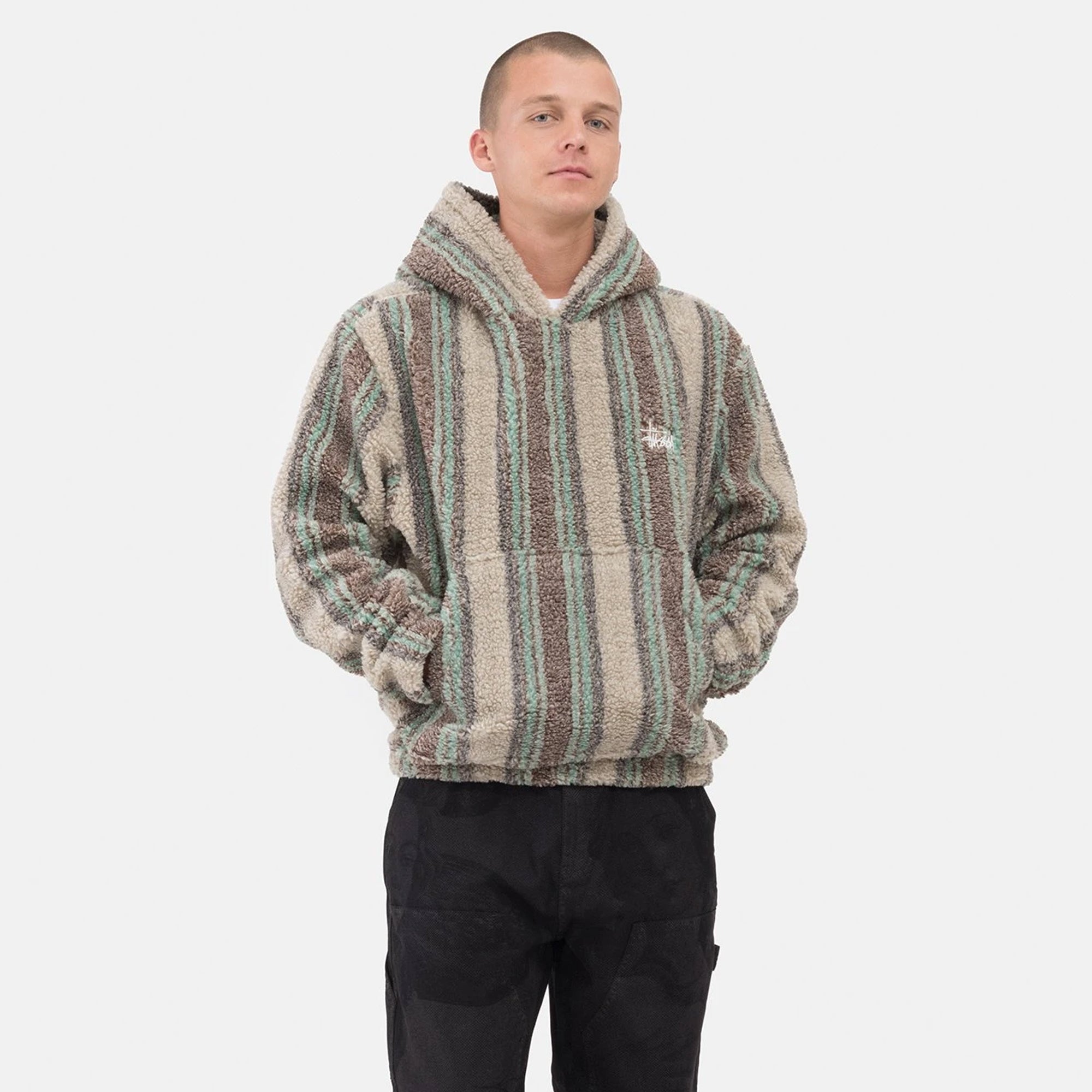 Stussy Mens Stripe Sherpa Hoodie 'Tan'