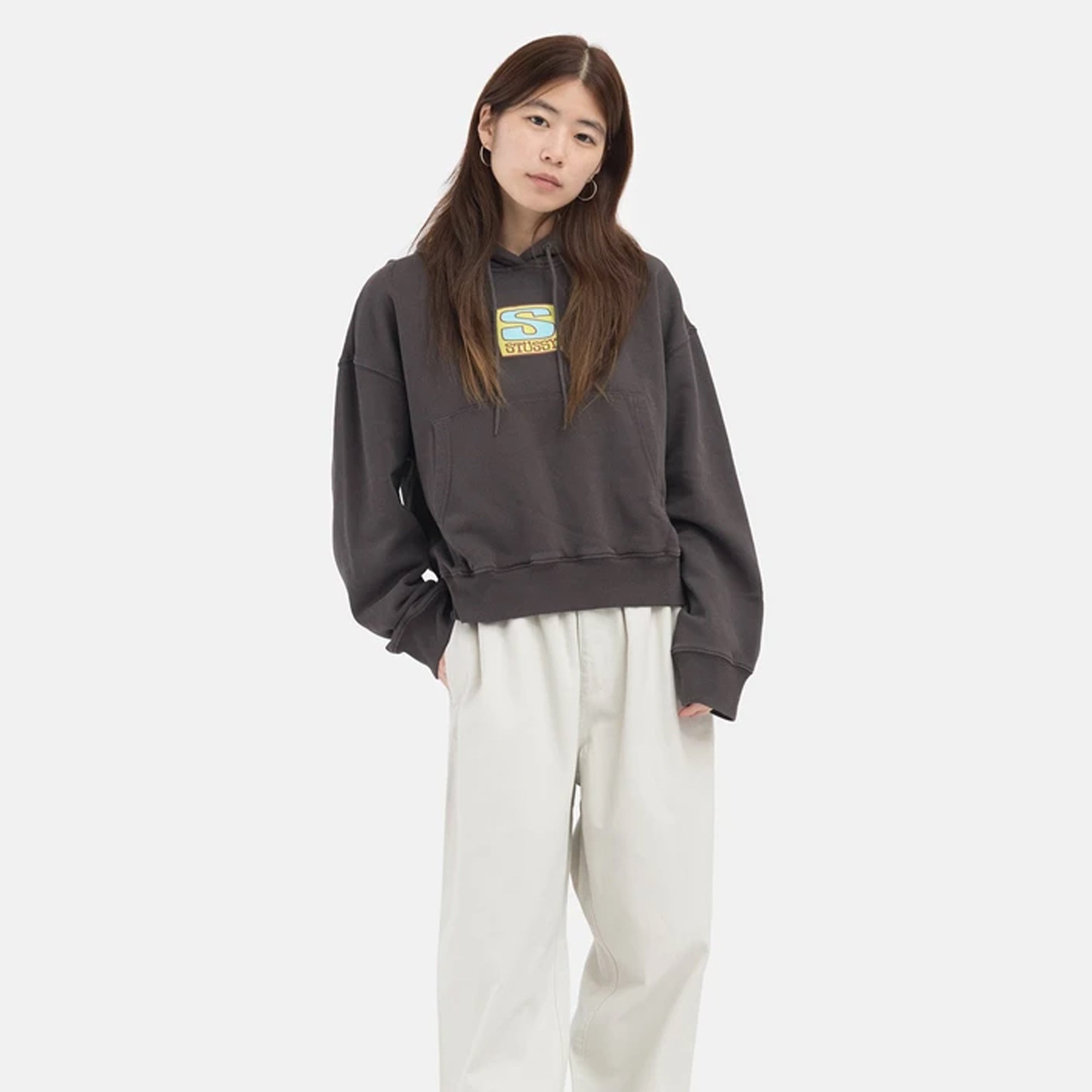 Stussy Womens Agness Boxy Crop Hoodie 'Charcoal'