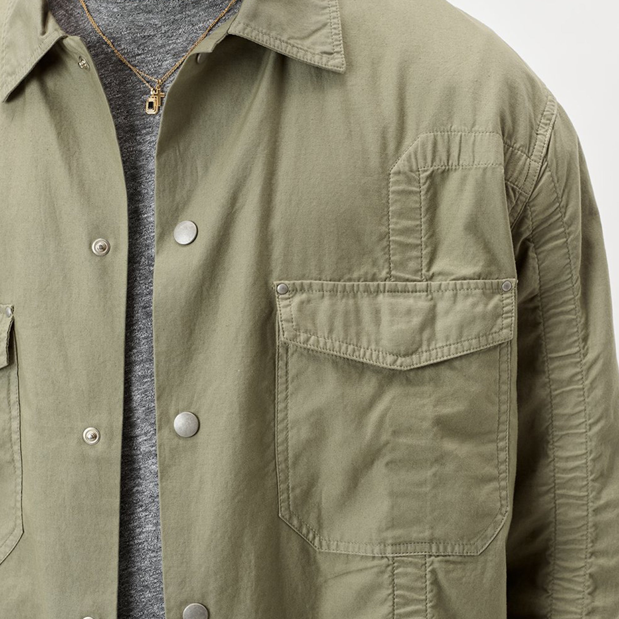 John Elliott Mens Cotton Poplin Frame Snap Overshirt 'Olive'